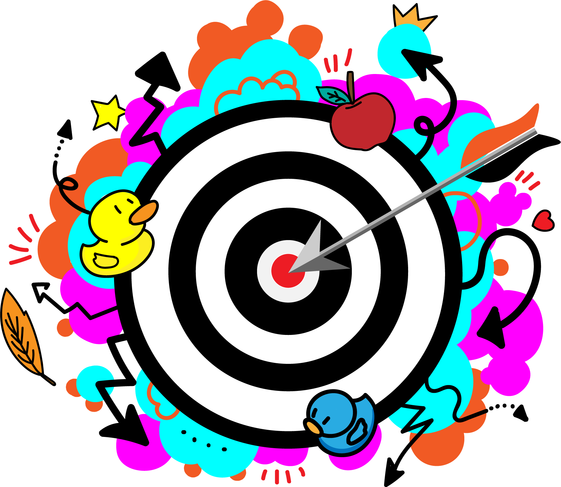Colorful abstract illustration of a target with an arrow hitting the bullseye, surrounded by cartoon-like animals such as a duck, bee, and other whimsical creatures, with vibrant clouds, stars, and hearts.