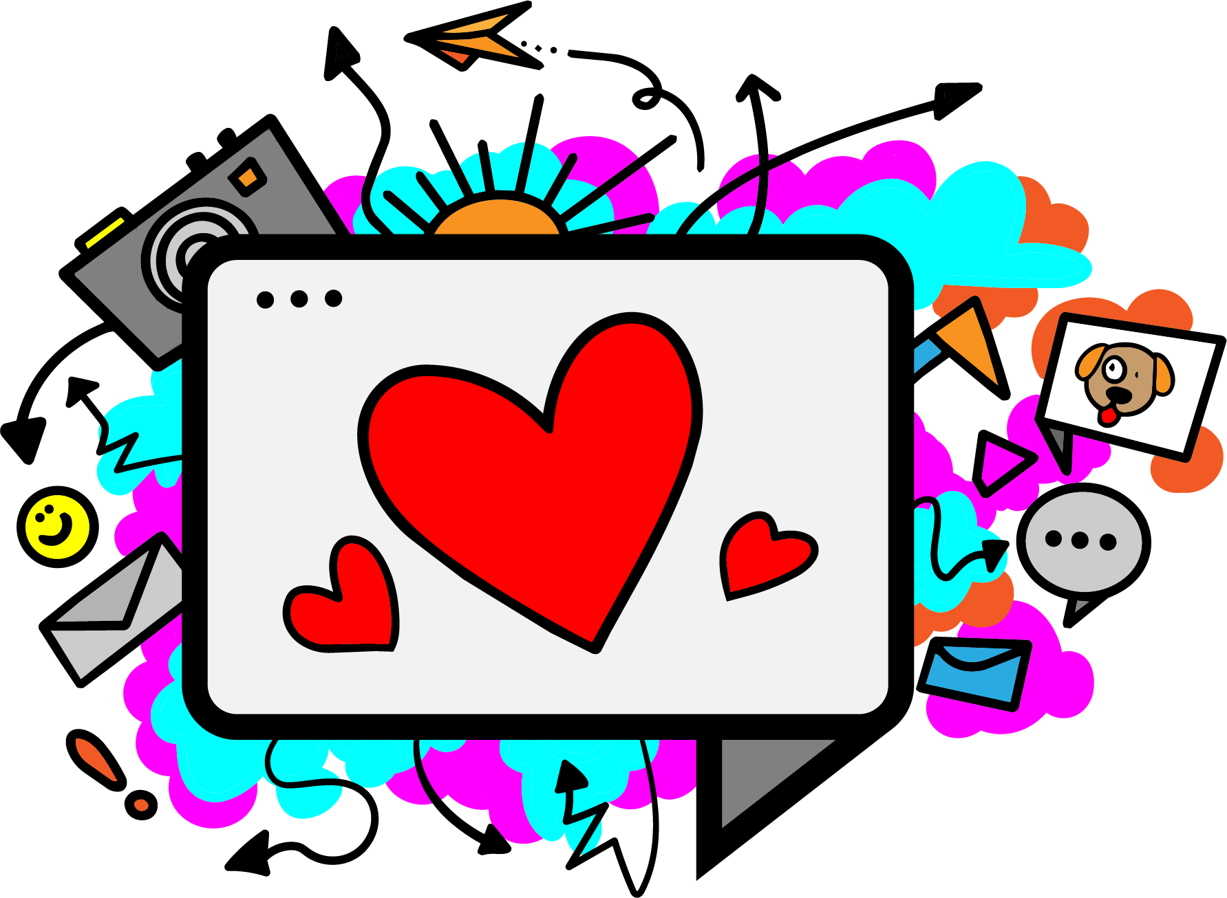 A digital illustration features a white screen displaying three red hearts with black borders. Around the screen, there are various icons and elements such as a smiley face, an envelope, a picture of a dog, a camera, speech bubbles, arrows, a sun, and colorful clouds in shades of pink, blue, and orange.