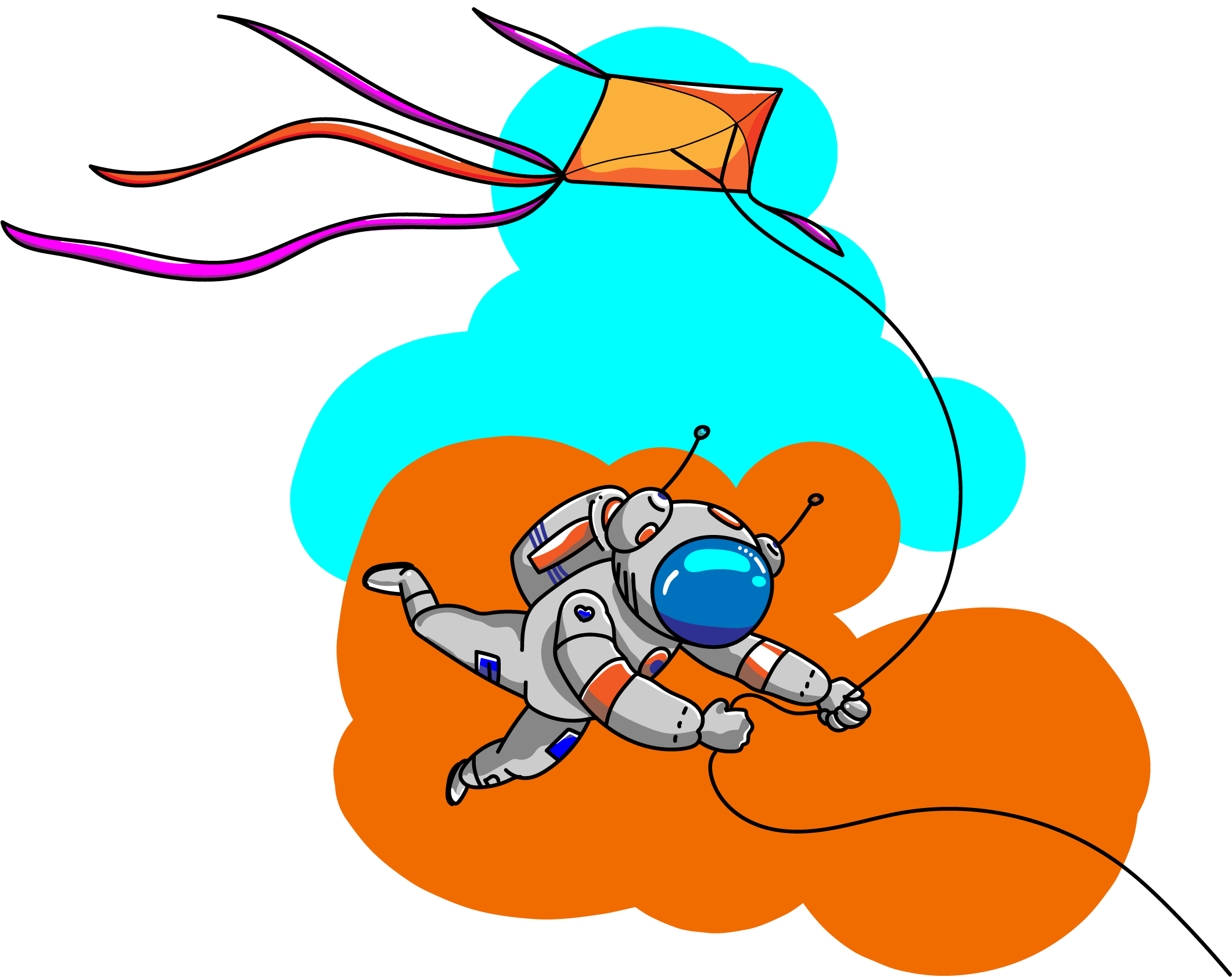 Cartoon of an astronaut hugging an alien on a colorful cloud with stars and a planet in the background.