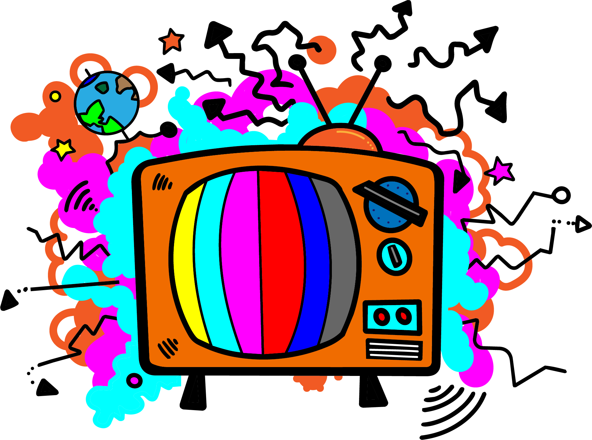 A colorful, cartoon-style illustration of a vintage television set with rainbow-colored test pattern on the screen, emitting vibrant clouds of pink, orange, blue, and black smoke with star and zigzag patterns around it.