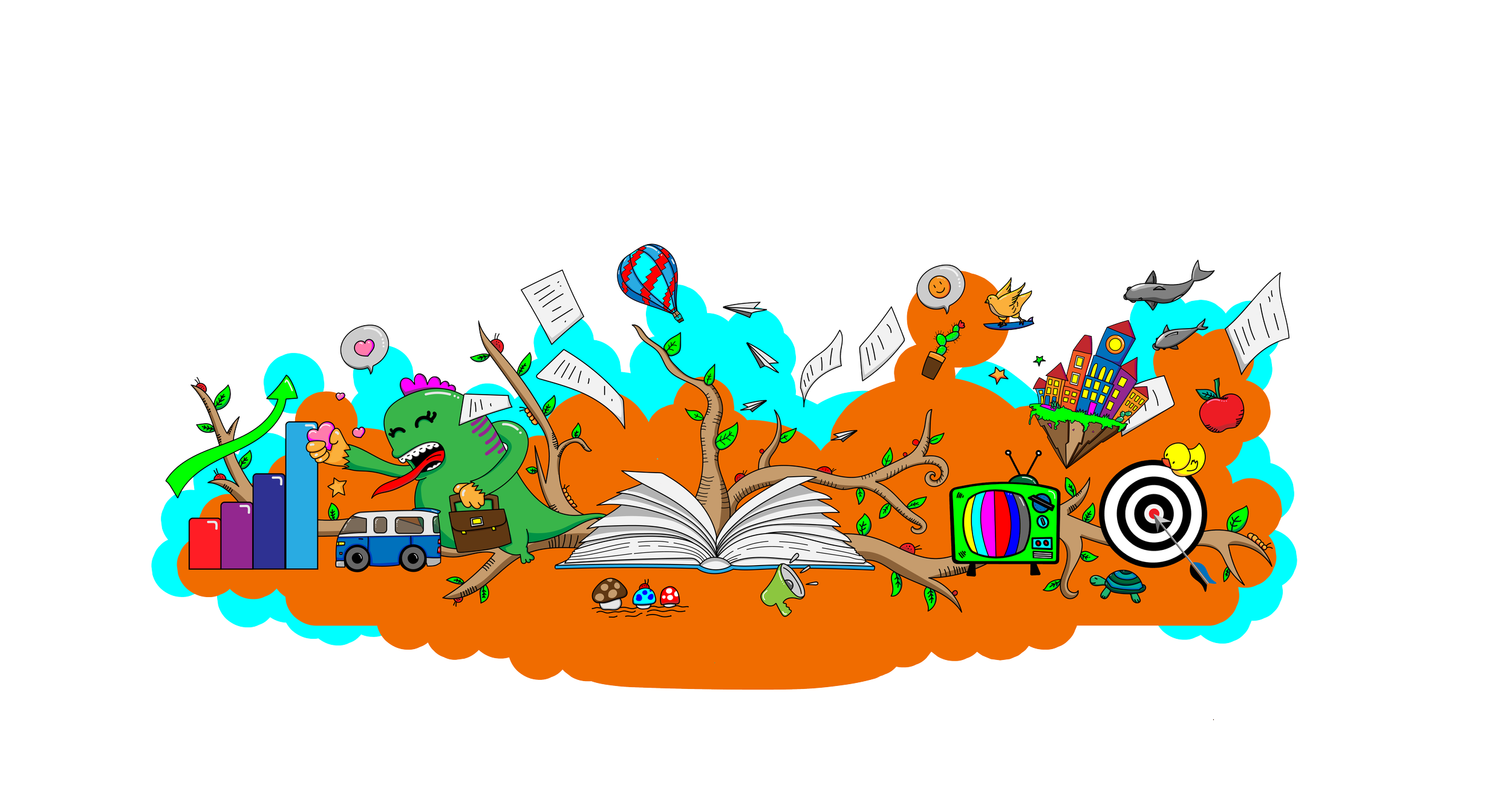 Colorful illustration with an open book at the center, from which various imaginative elements emerge, including a monster with a briefcase, trees, flying papers, a hot air balloon, a cityscape, a TV, and other whimsical objects.
