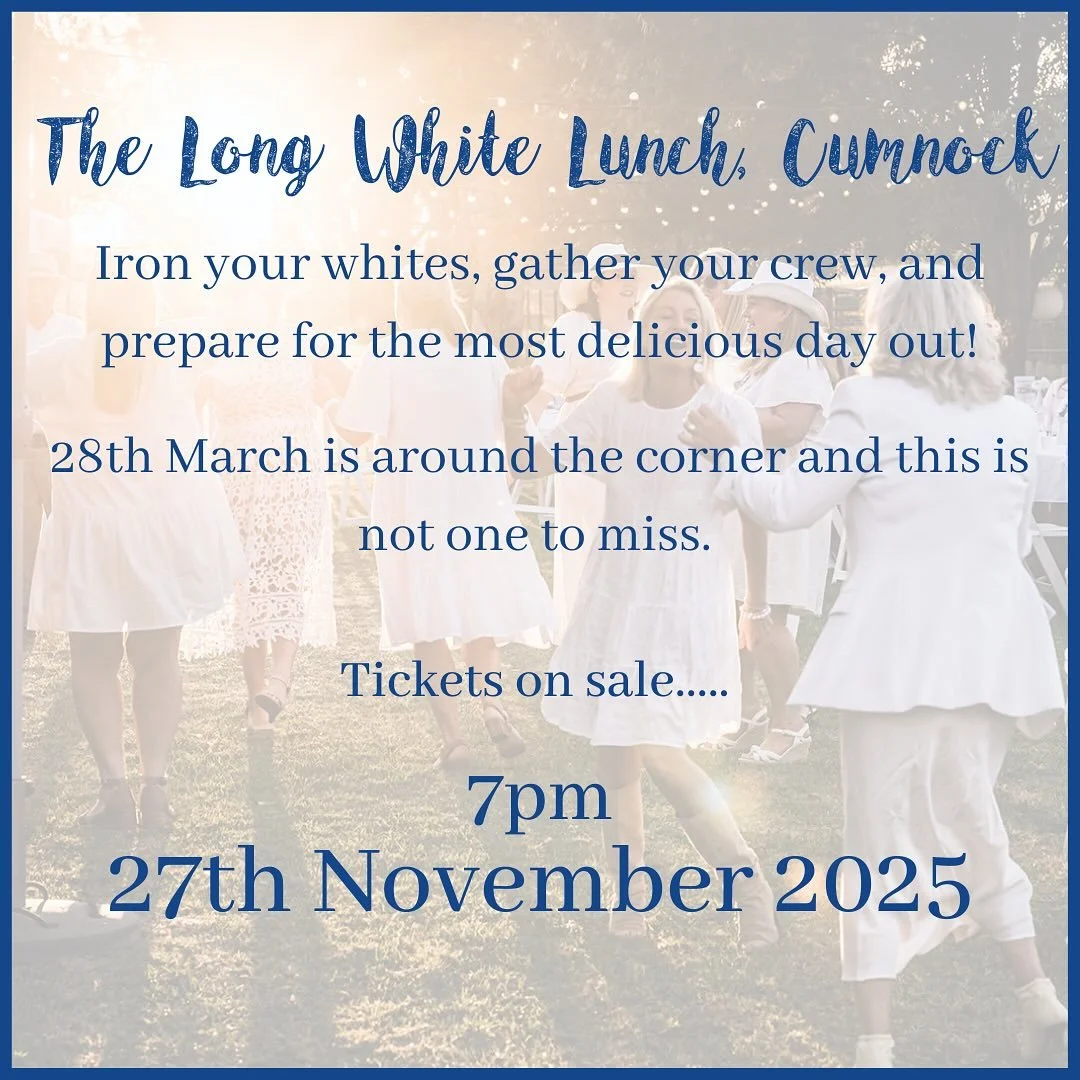 🎟️ Ticket Sales | 7pm, 27th November 2025

Spread the word, set the alarms, mark the calendars - The Long White Lunch tickets are going on sale this month!!

🎟️ Sale
⏰ 7pm
🗓️ 27th November 2025
🛜 On-line only

#thelongwhitelunchcumnock #ticketsal