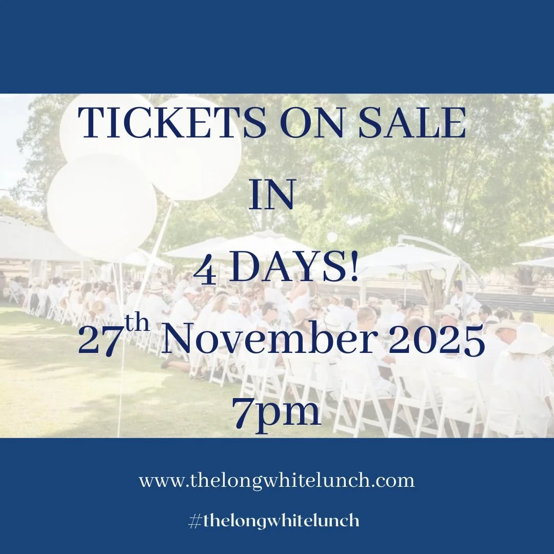 The count down is on! 

🌟 4 days until The Long White Lunch ticket&rsquo;s, for 28th March 2026, go on sale! 🌟.

Remember you can buy up to 8 tickets (tables of 8), plus you can also purchase bus tickets or campsites at the same time ✔️.

Ticket pr