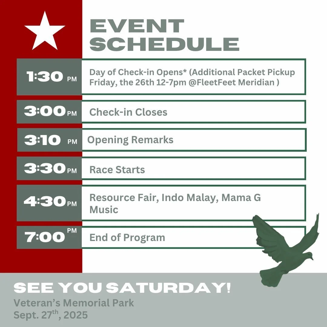 RACE PROGRAM HAS DROPPED 🇦🇫🎉
Picking up your packet at @fleetfeettreasurevalley in Meridian is the best way to prepare for race day! If you can't make it to fleetfeet, make sure to arrive extra early on race day and check in!