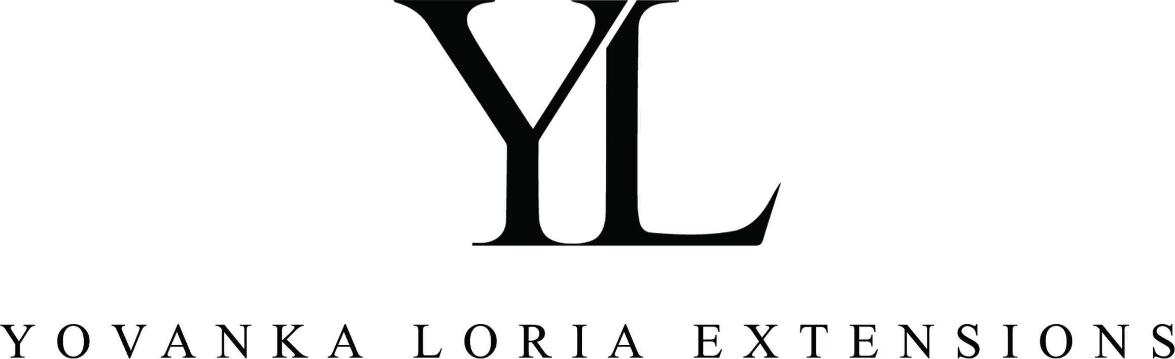 A logo with the initials YLE for Yovanka Loria Extensions, featuring a stylized Y, L, and E, with the full name written underneath in elegant font.