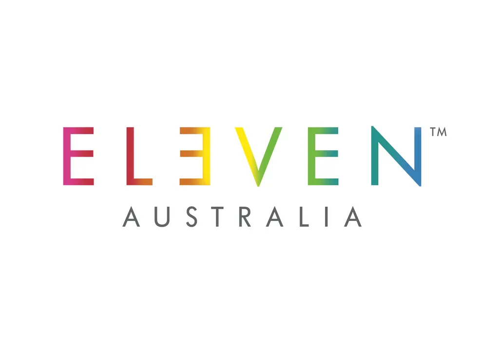 Colorful logo for ELEVEN Australia featuring the brand name in rainbow gradient colors with a white background.