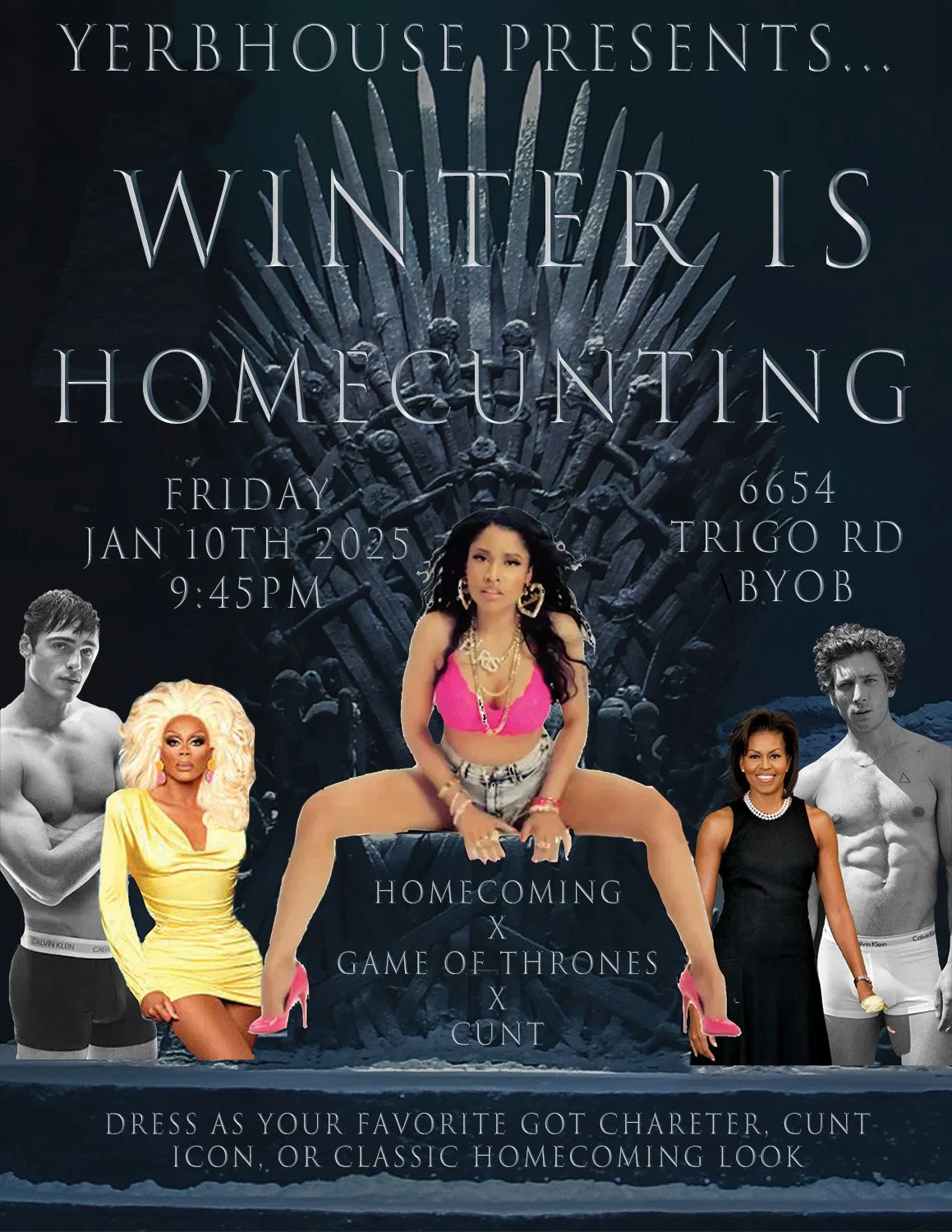 A promotional poster with a dark background featuring the Iron Throne from Game of Thrones and images of five people, including drag queens and models, with event details for a themed homecoming celebration on January 10th, 2025.