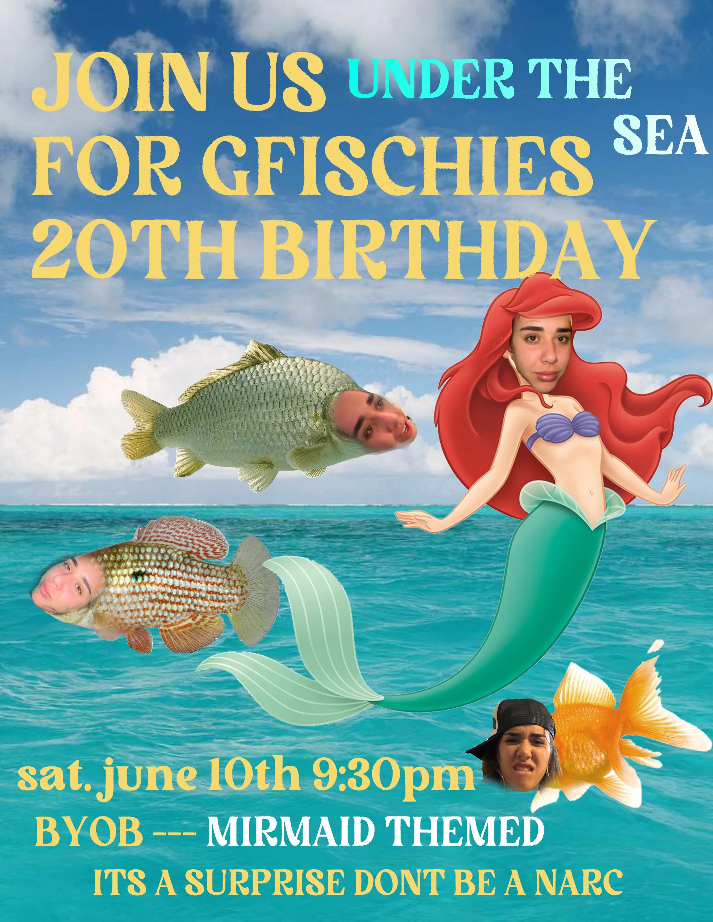 Invitation to a mermaid-themed event with text about the date, time, location, and details, featuring animated images of fish and a mermaid with human faces in the water, set against an ocean background.