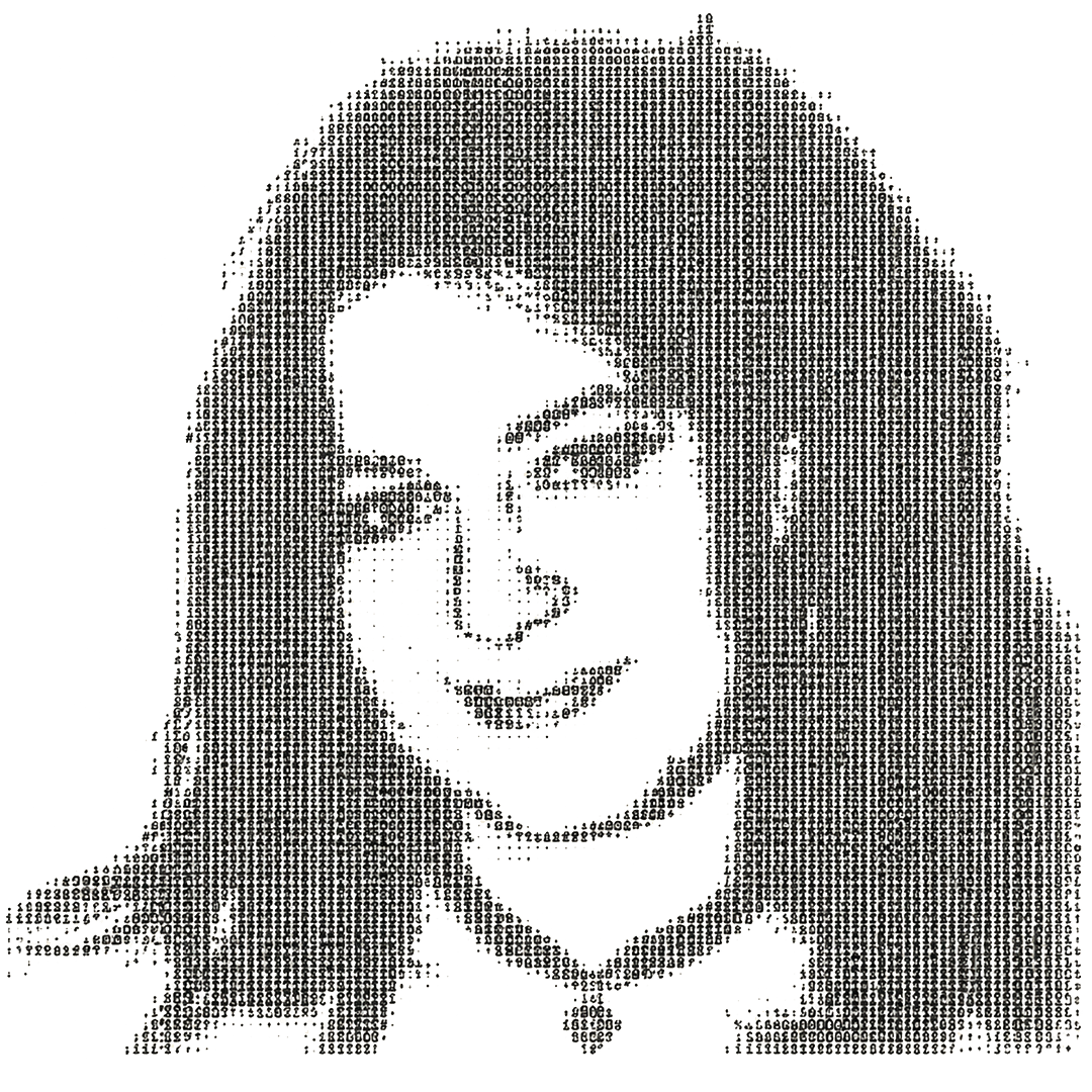 Black and white digital ASCII art portrait of a woman with long hair, smiling, in a semi-realistic style.