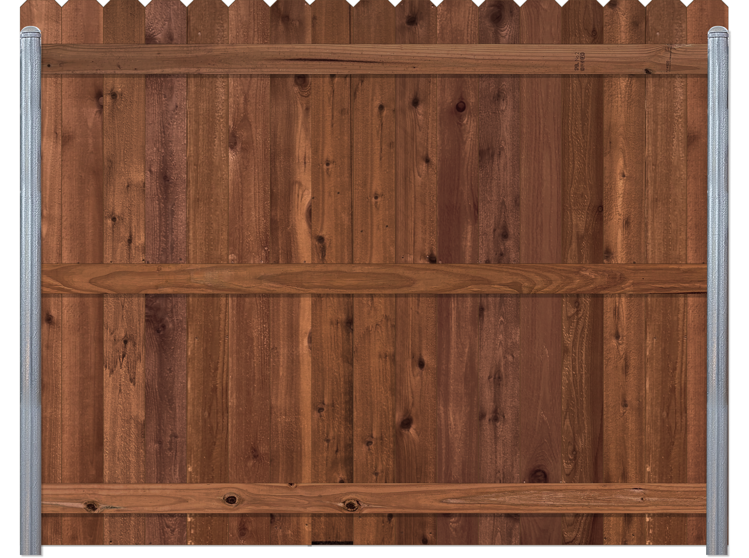 Top view of a wooden garden gate with metal posts on either side.