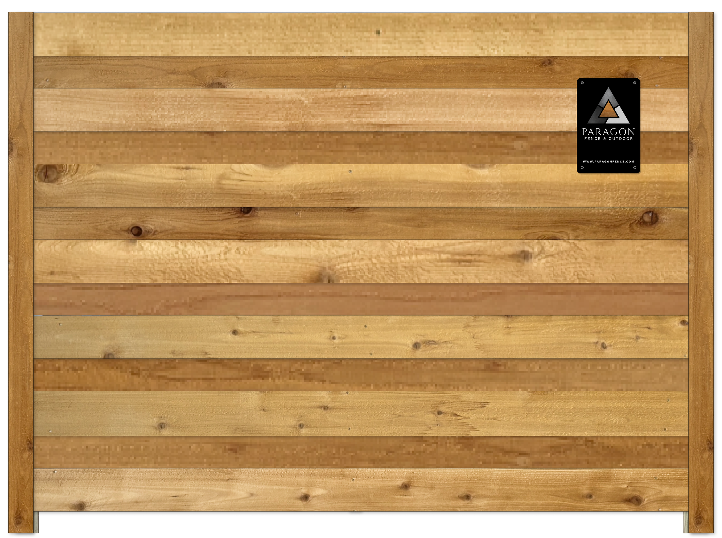 A wooden fence made of horizontal planks with a black logo label in the upper right corner that reads 'Paragon Fence & Outdoor' and shows a stylized letter 'A' logo.