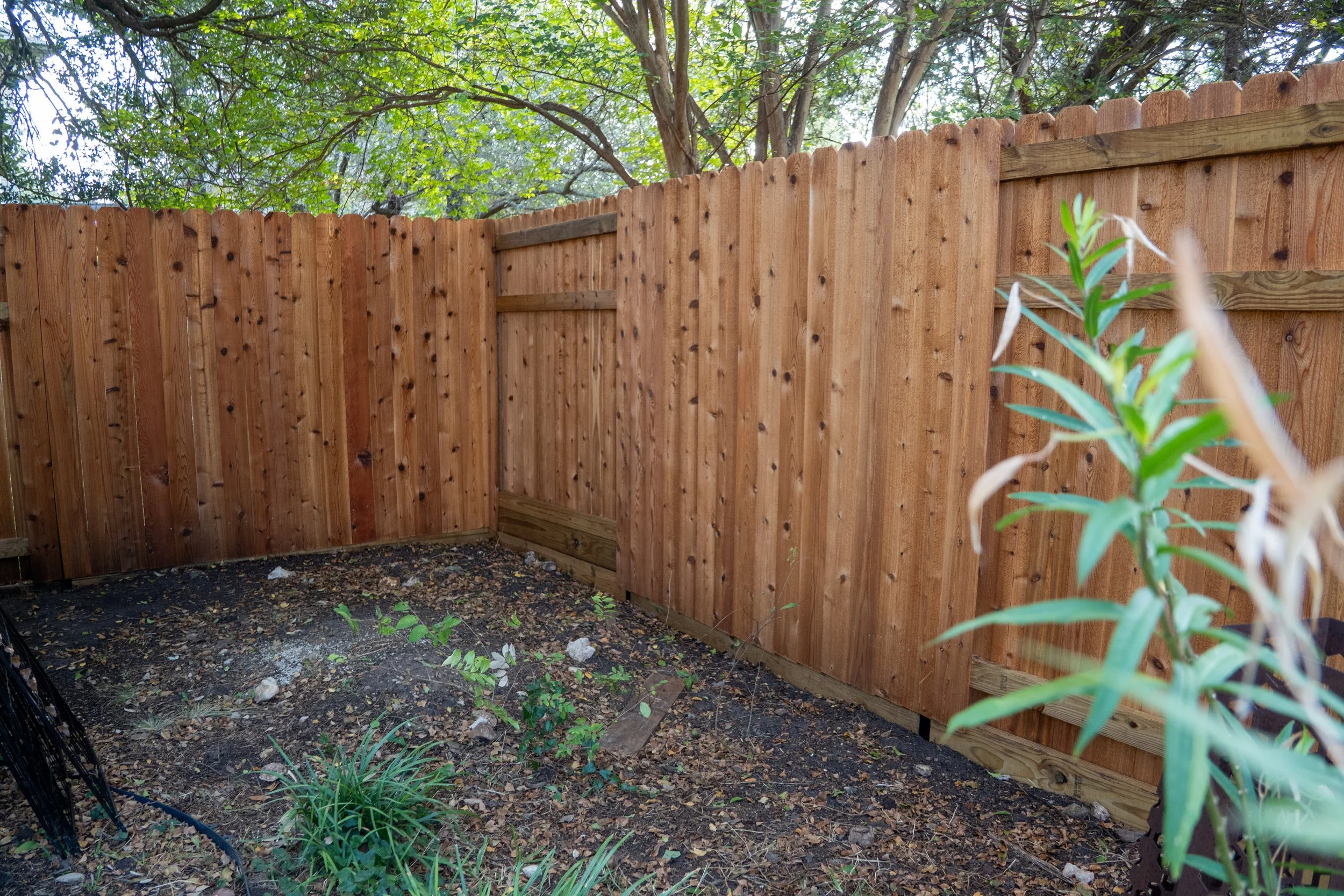 A newly built wooden privacy fence in a backyard, with a small gate and some plants and soil in the foreground.