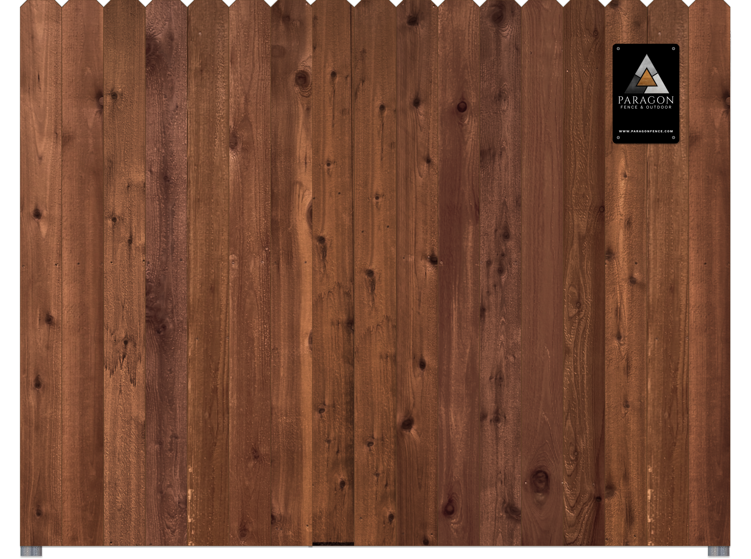 A wooden fence with vertical planks and a black and white logo plaque in the upper right corner reading "Paragon Fence & Outdoor".