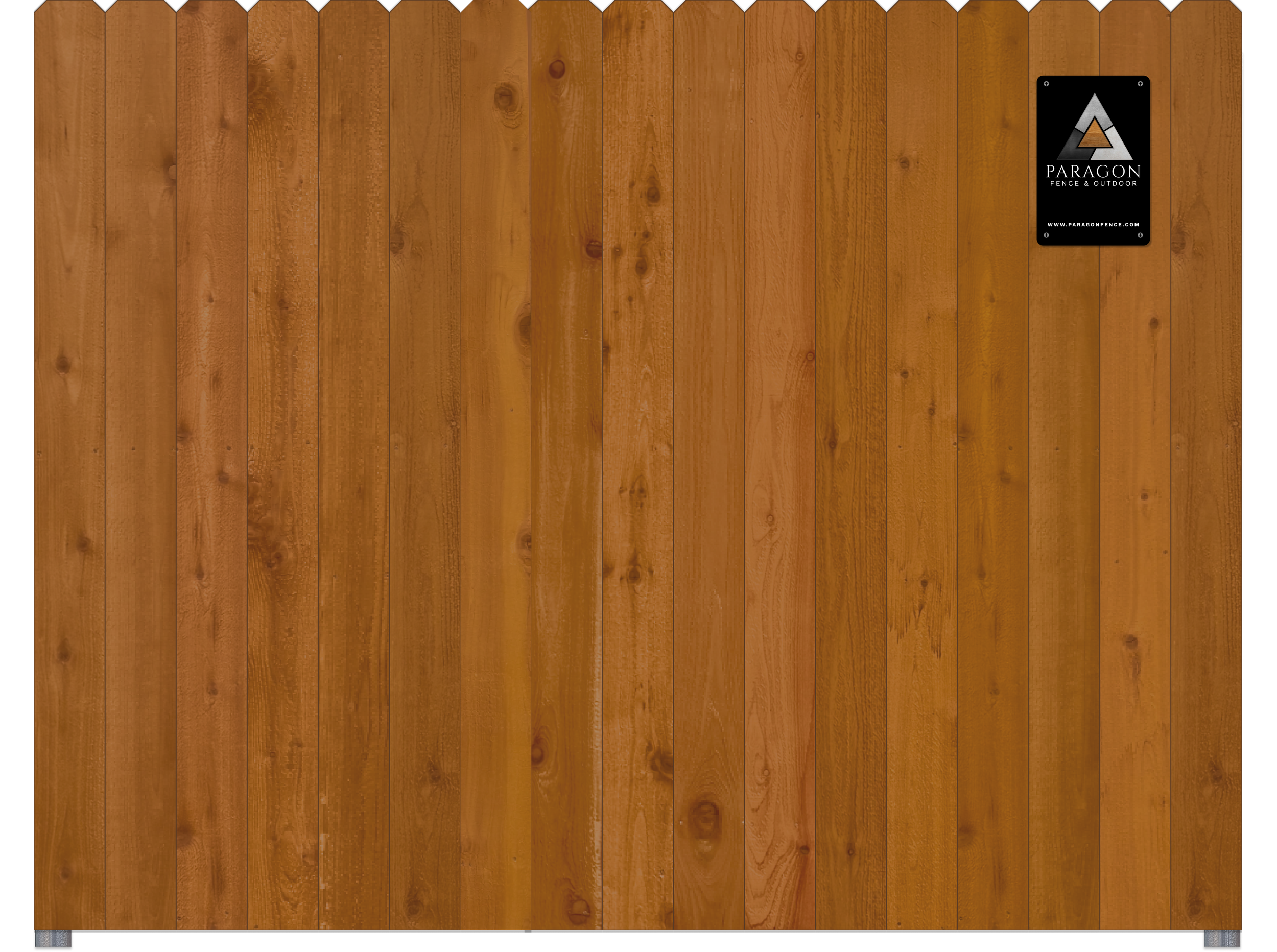 Wooden gate or fence with a black and silver Paragon logo plaque in the top right corner.