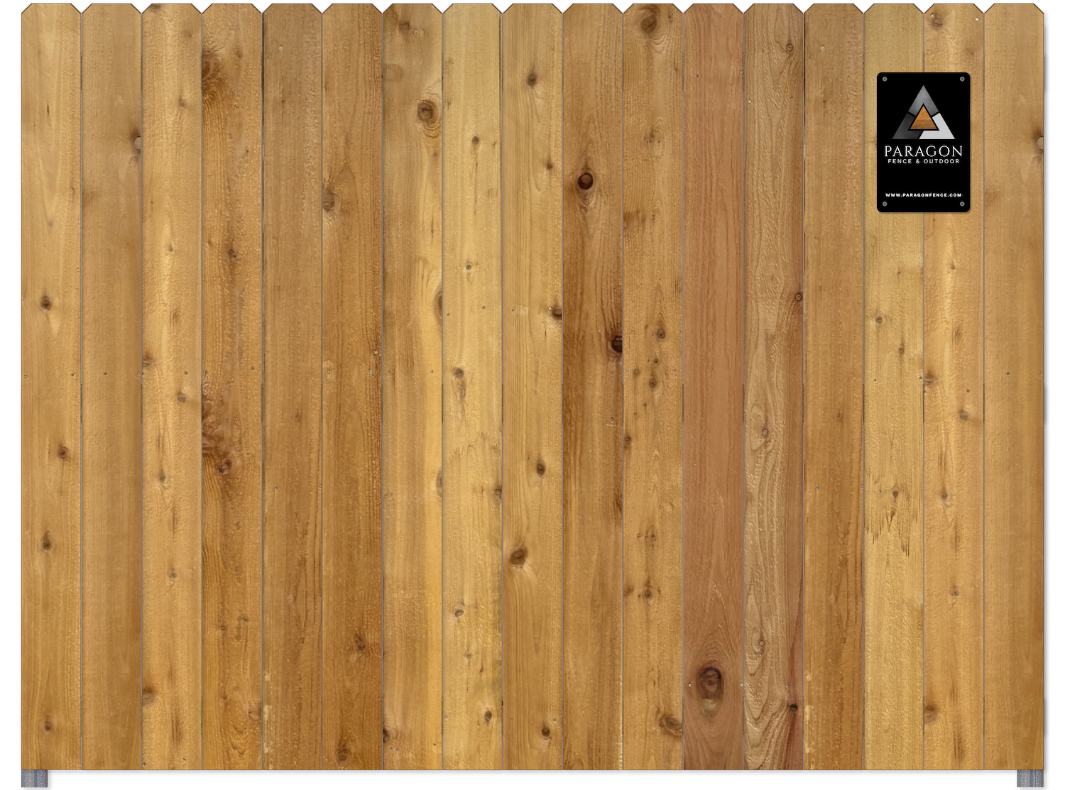 Wooden fence panels with a black and white logo plaque in the upper right corner.