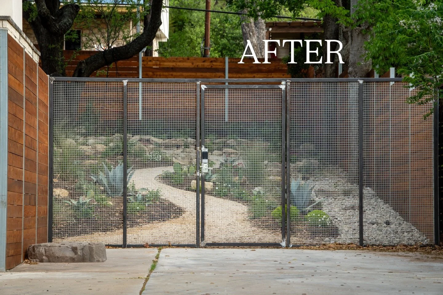 This one felt less like a fence and gate and more like a piece of art. Welded wire panels framed out with custom welded corten steel. From inside the yard, you&rsquo;re looking out at the city. From the street, you&rsquo;re looking in at some serious