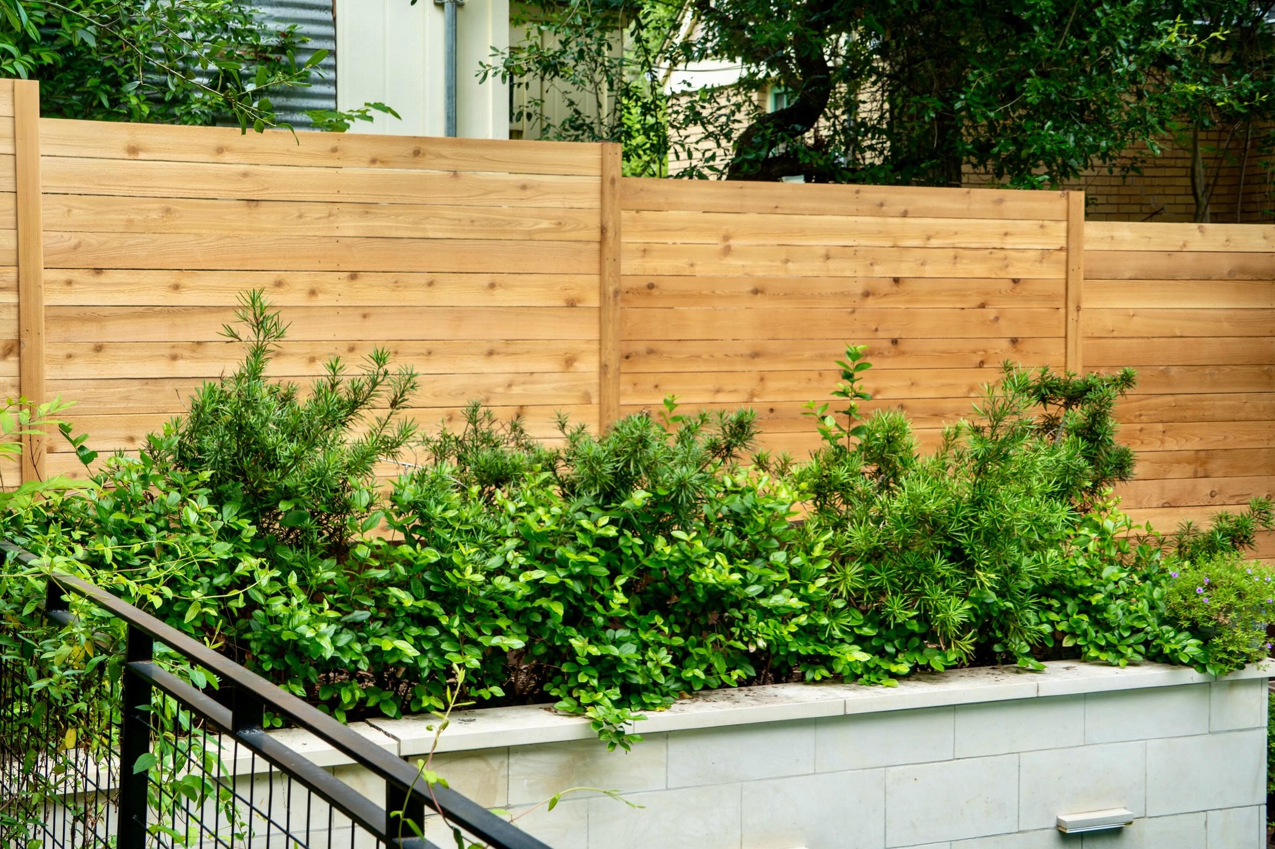 Just wrapped up this cedar horizontal privacy fence in Austin, and this one had a few extra considerations.

The existing posts had been leaning over time from landscaping pressure. Soil, mulch, and plant beds built up against the fence line will do 