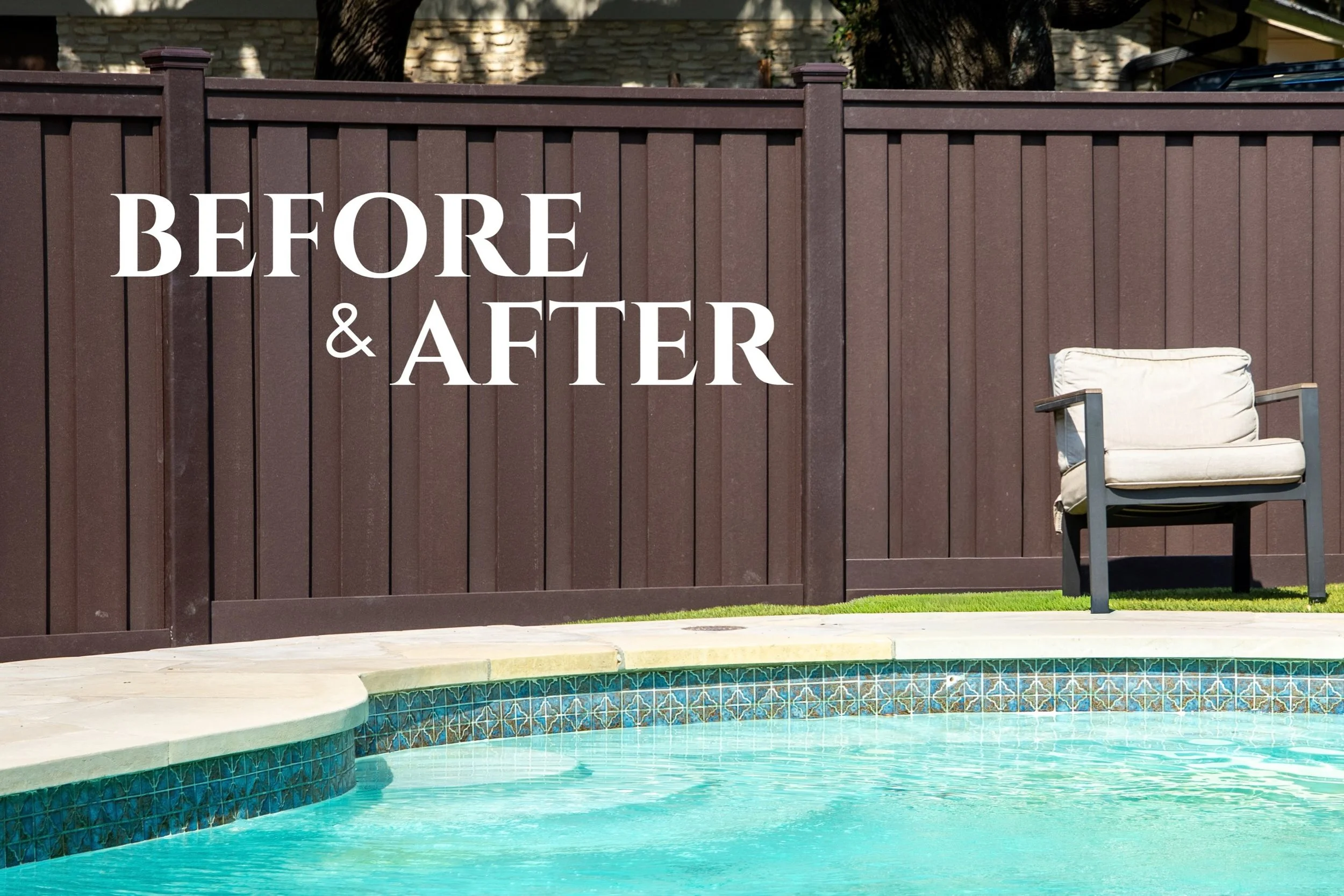We replaced this homeowner&rsquo;s aging wood fence with a Trex Seclusions composite board-on-board privacy fence in Woodland Brown with cap-and-trim detailing to create a cleaner, more modern, and longer lasting backdrop around this pool and elimina