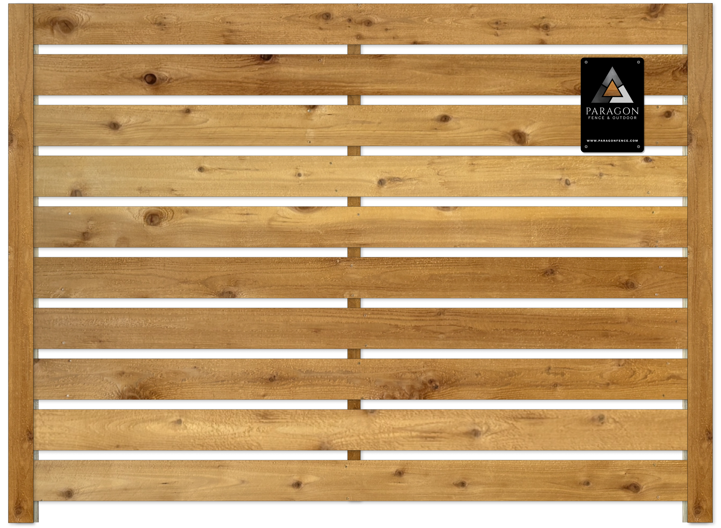A wooden fence panel with horizontal slats and a black and silver metal track system, mounted on a wooden frame with a black and gray brand tag reading "Paragon Fence & Outdoor" in the top right corner.