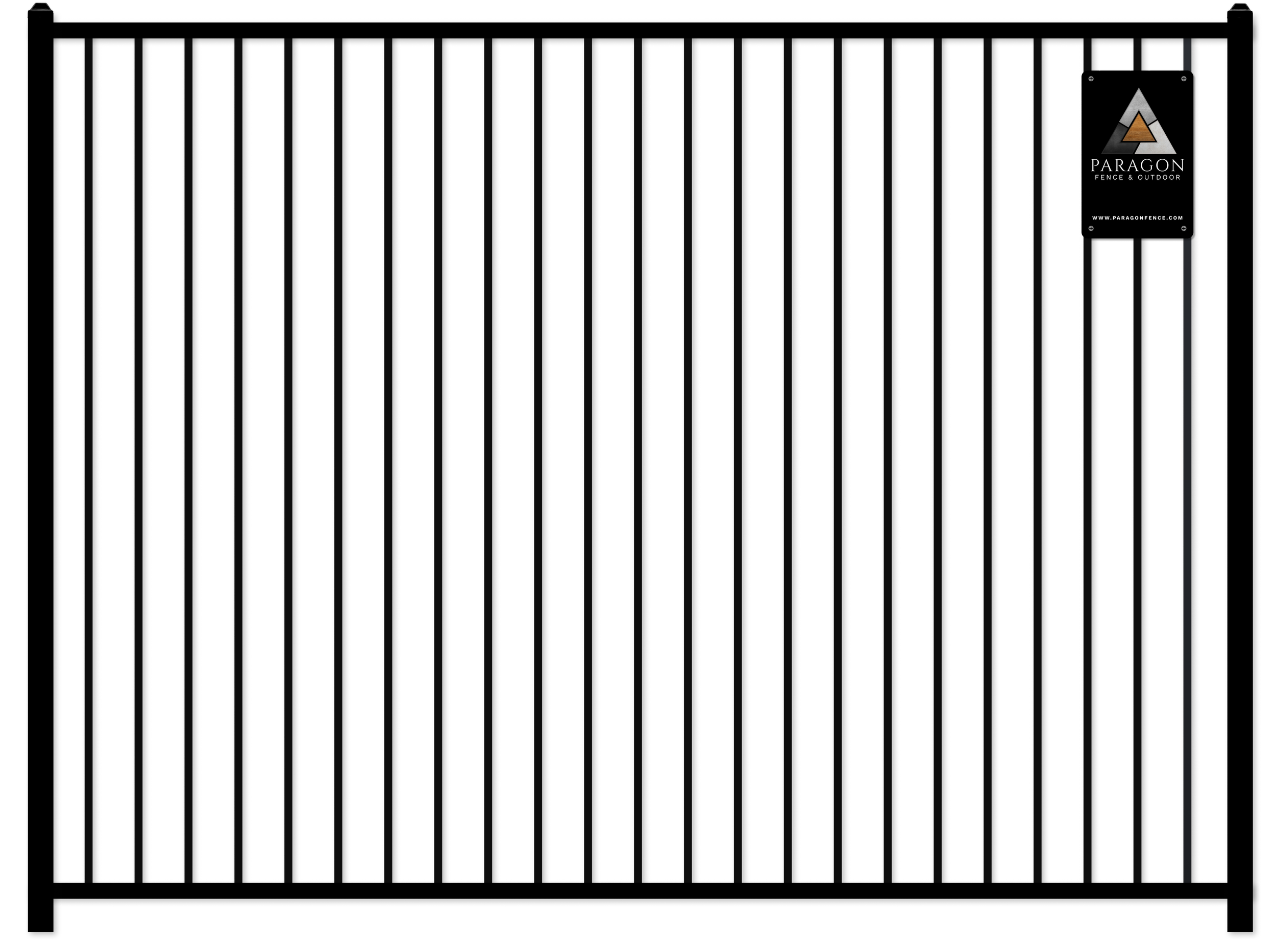 A black metal fence with vertical bars and a small sign in the top right corner reading "Paragon Fence & Outdoor" with logo and website.