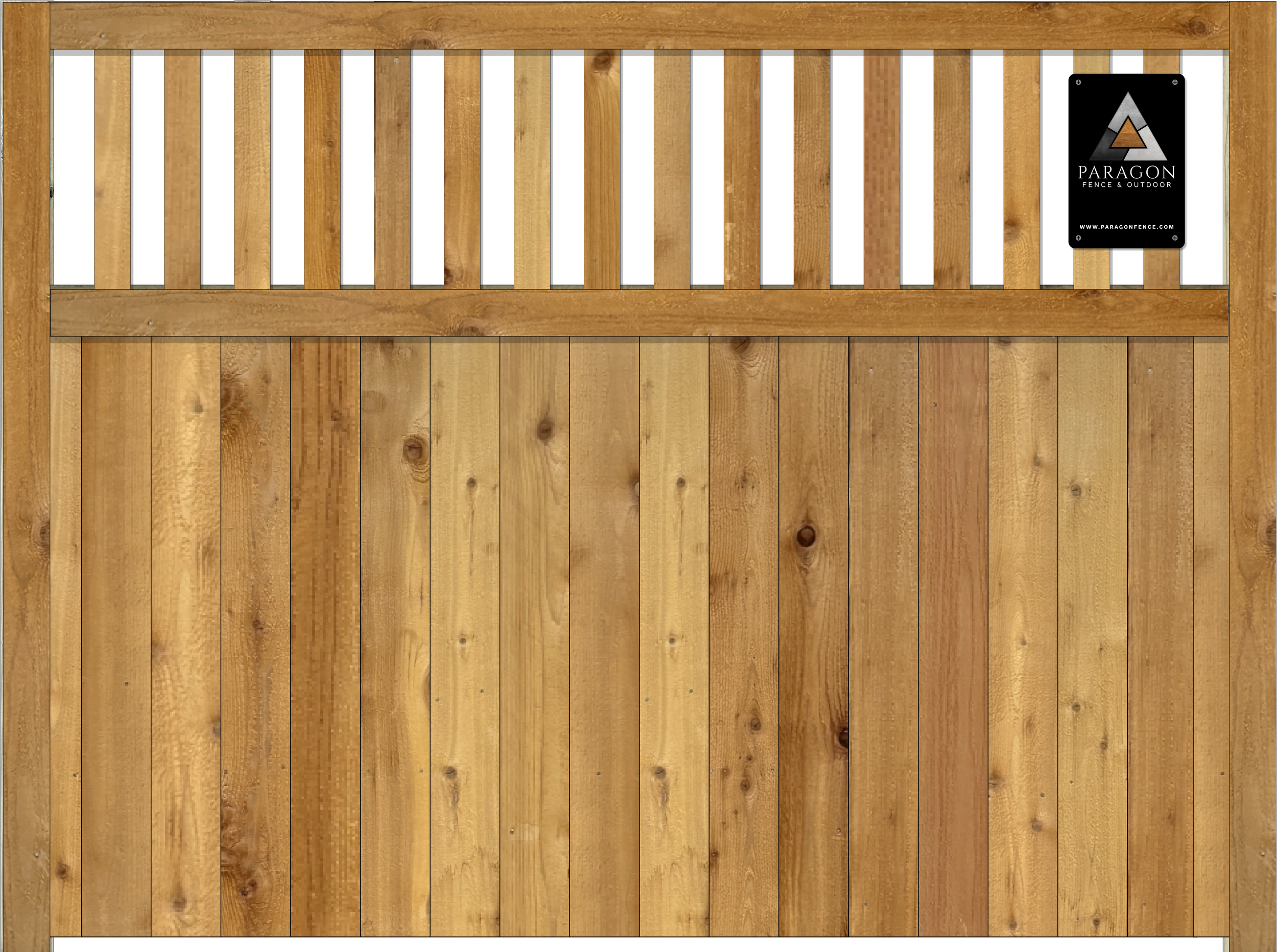 A wooden fence with a black sign that reads 'Paragon Fence & Outdoor' and the website 'www.paragonfence.com' in the top right corner.