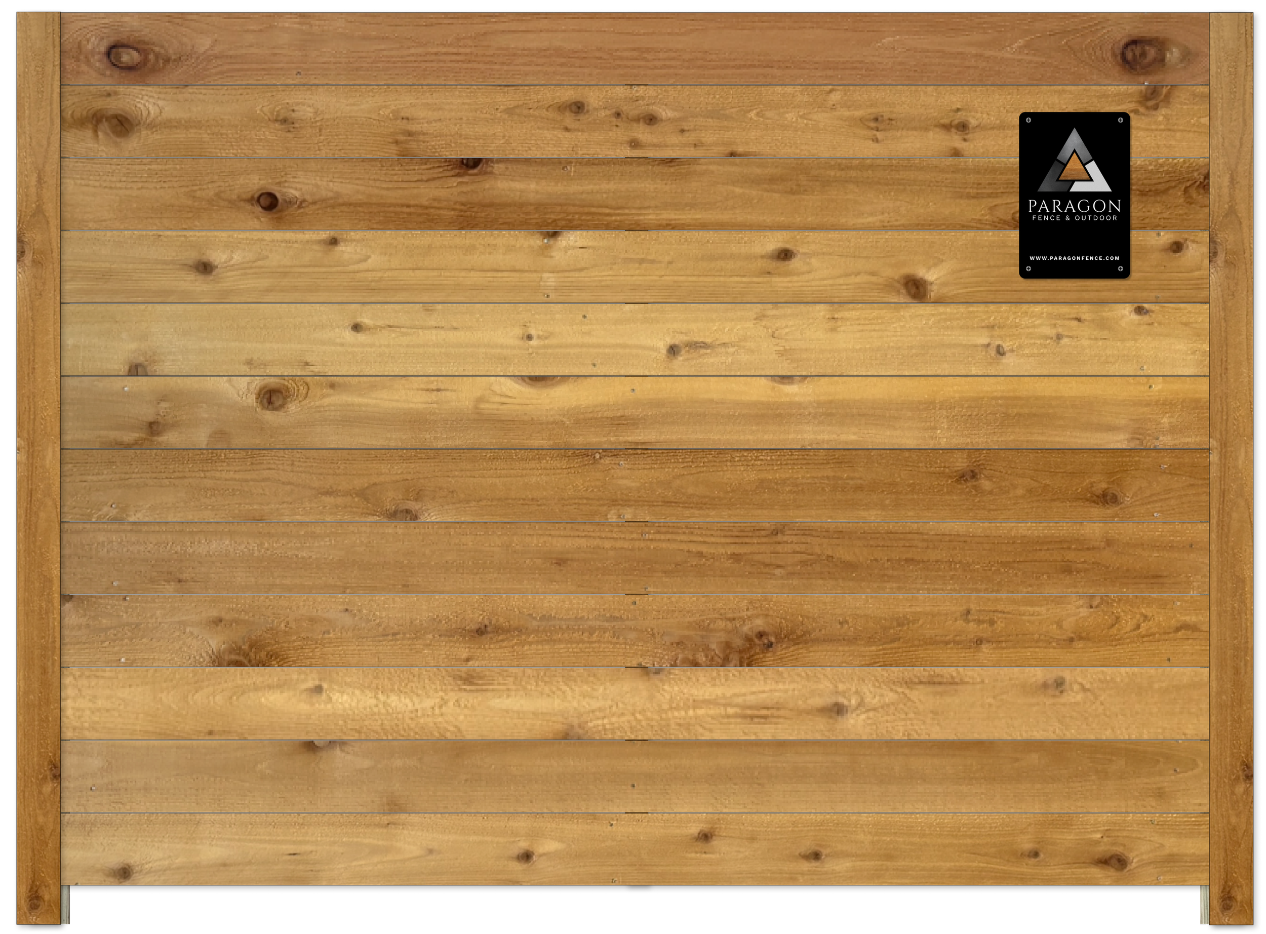 A wooden gate with horizontal planks, framed with thicker border planks, and a black logo label in the upper right corner reading "Paragon Fence & Outdoor."