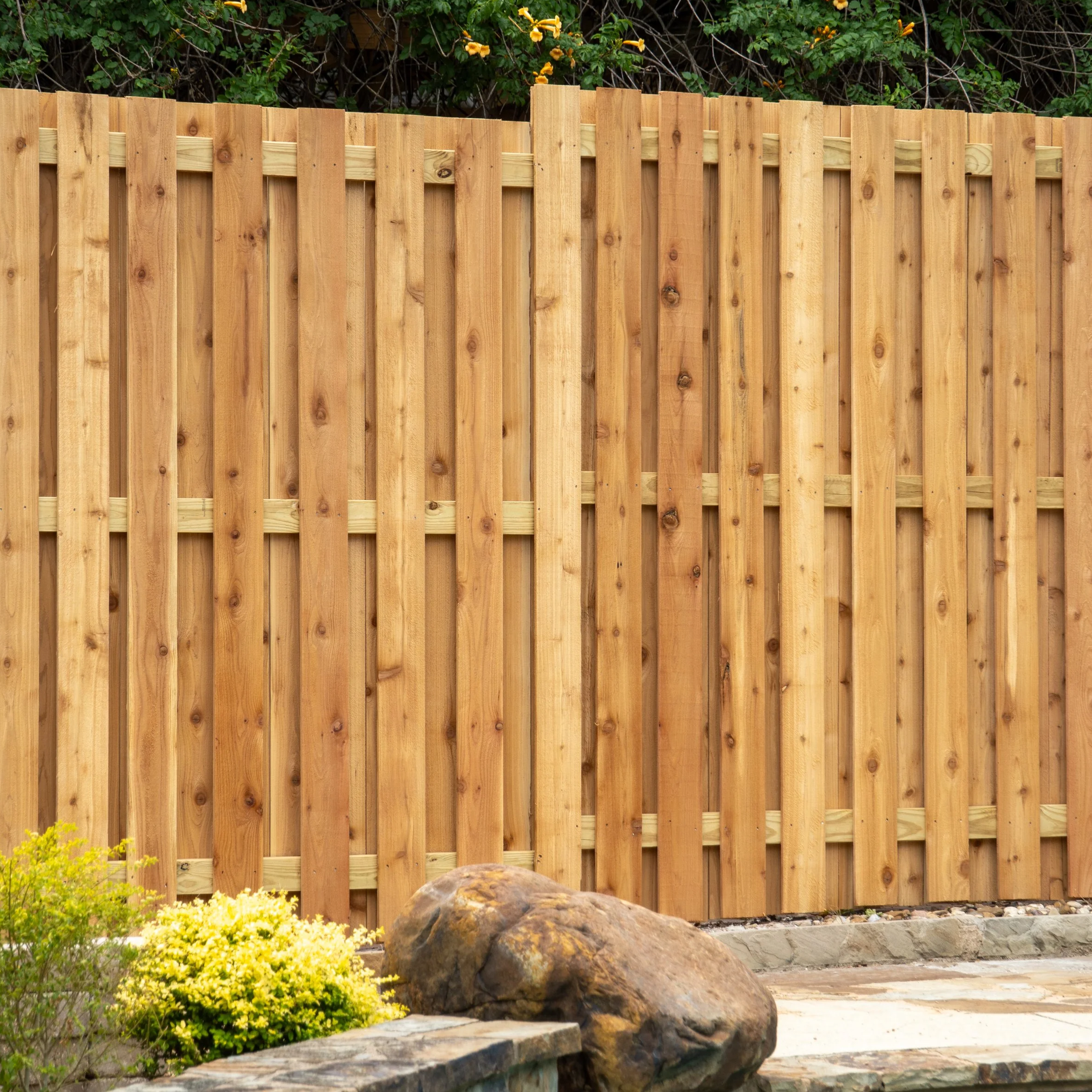 A wooden fence with a gate, next to a tree trunk and green plants, in an outdoor setting.