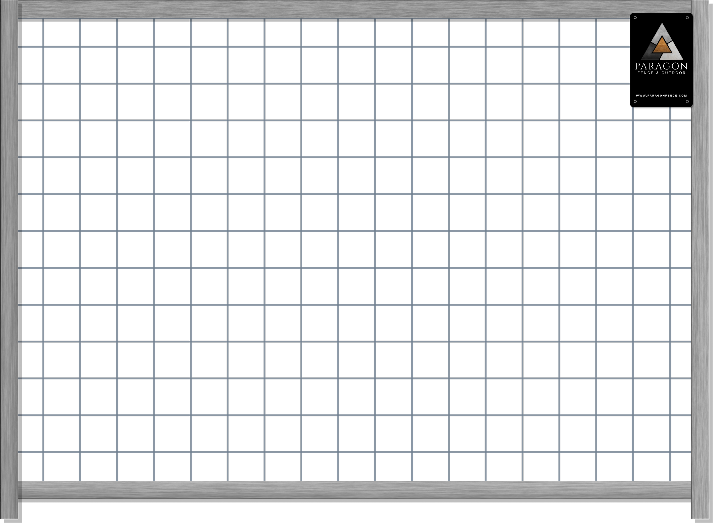 A large black metal grid panel with blue grid lines and a silver frame, featuring a small logo in the top right corner.