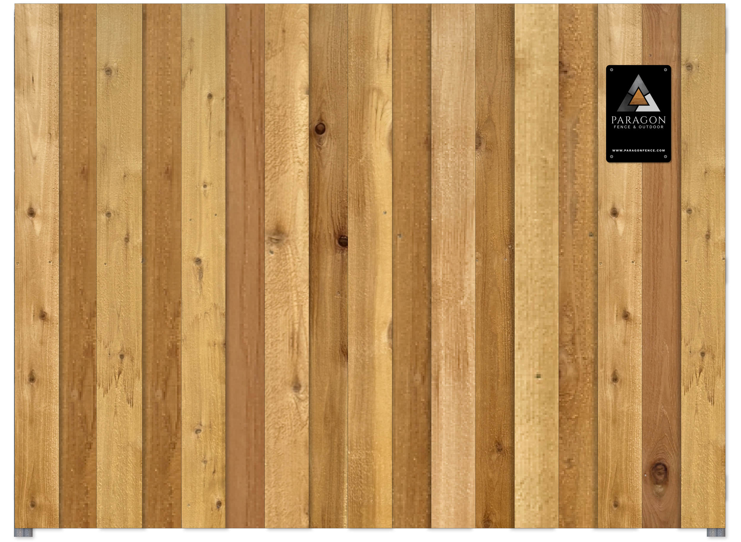 A wooden fence with vertical planks and a black logo tag on the upper right corner that reads 'Paragon Fence & Outdoor' and shows a triangular symbol.
