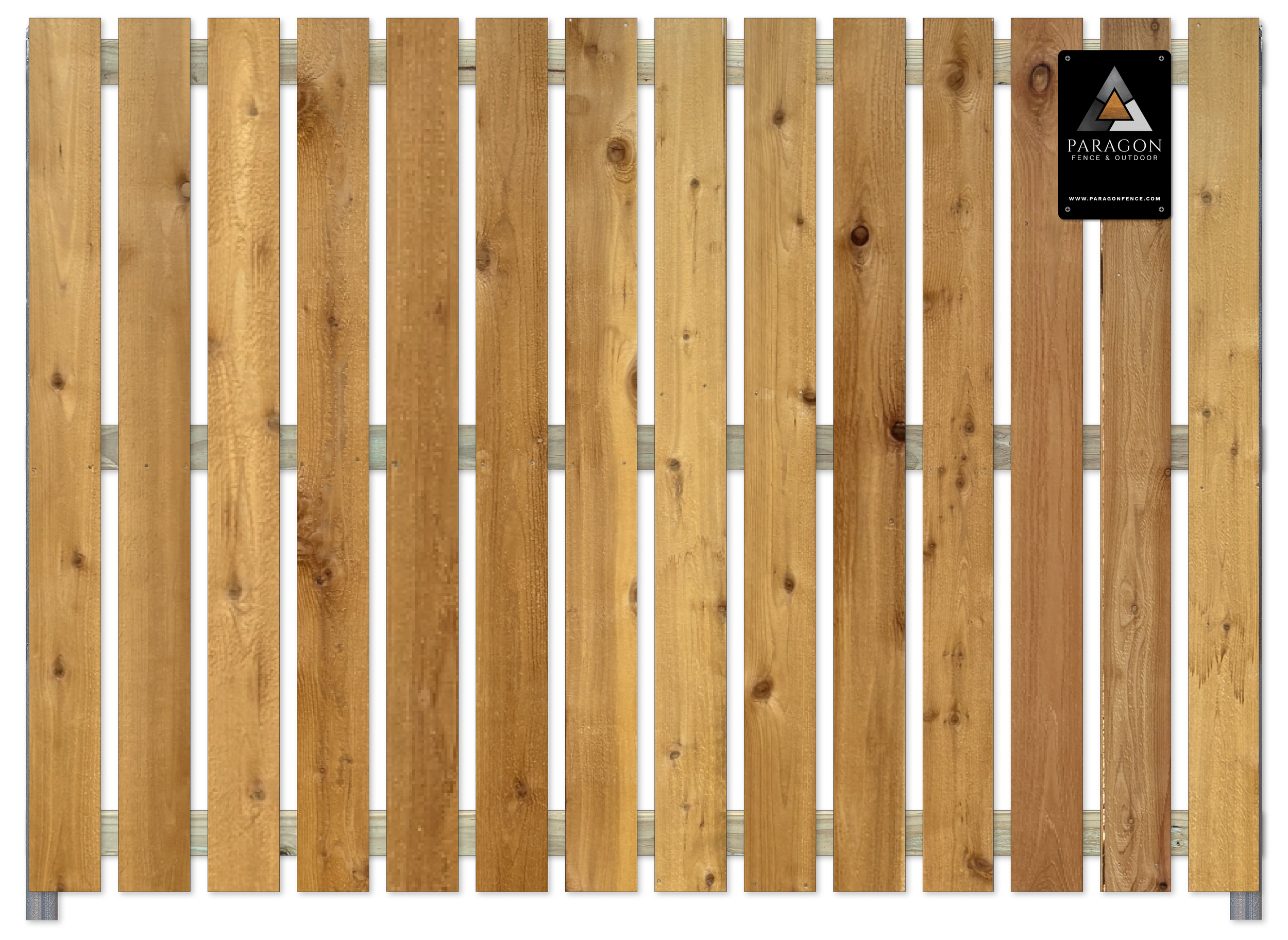 Wooden slat fence panel with black metal framing and a black Paragon Fence & Outdoor label in the top right corner.