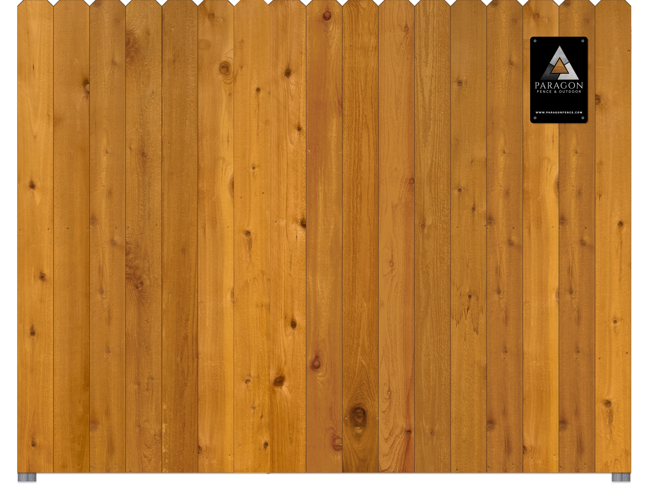 Wooden fence panel with vertical planks and a small black and white logo plaque from Paragon Fence & Outdoor in the upper right corner.