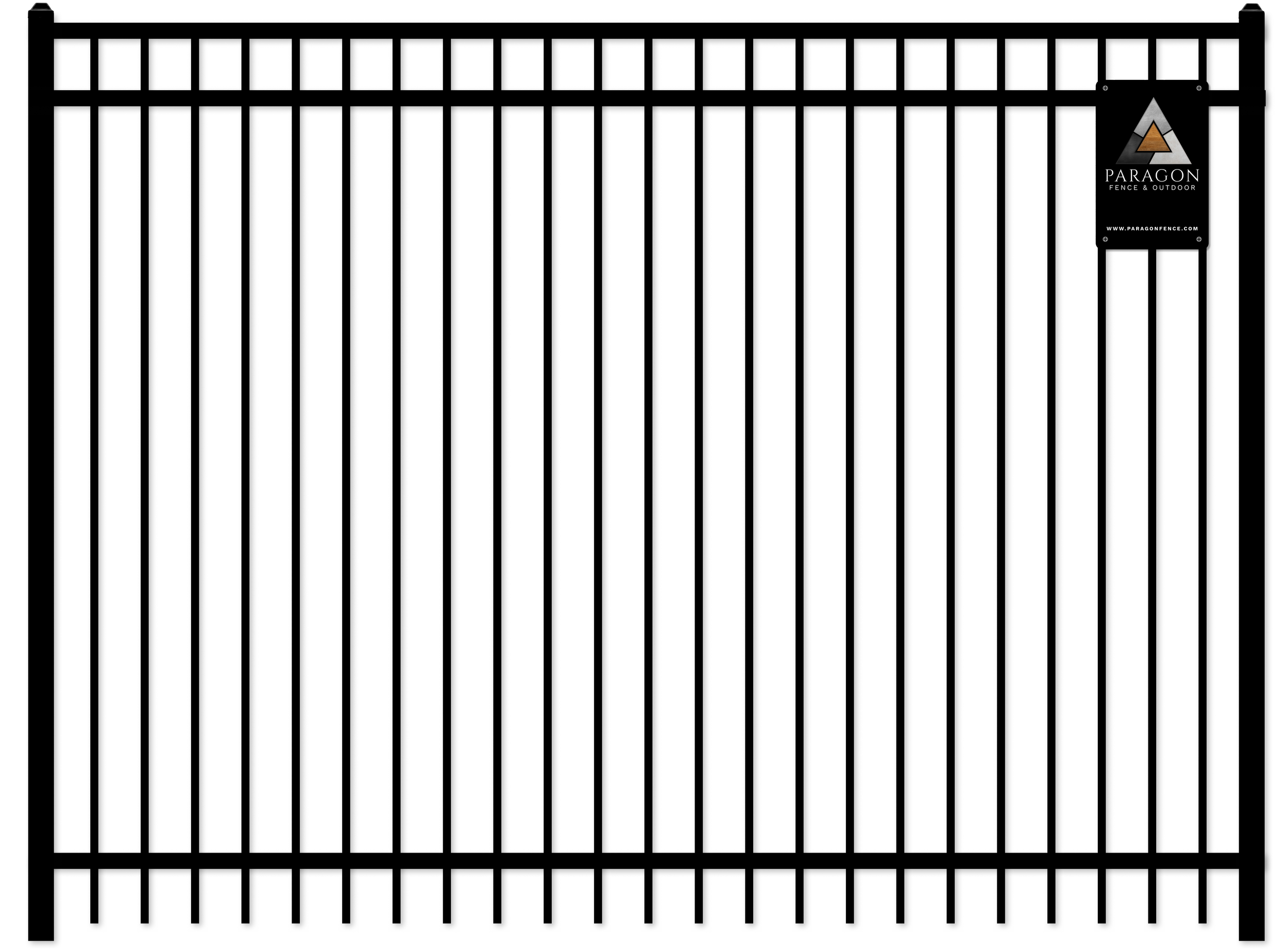 Black metal gate with vertical bars and a small offered sign in the top right corner, branded with Paragon Fence & Outdoor logo.
