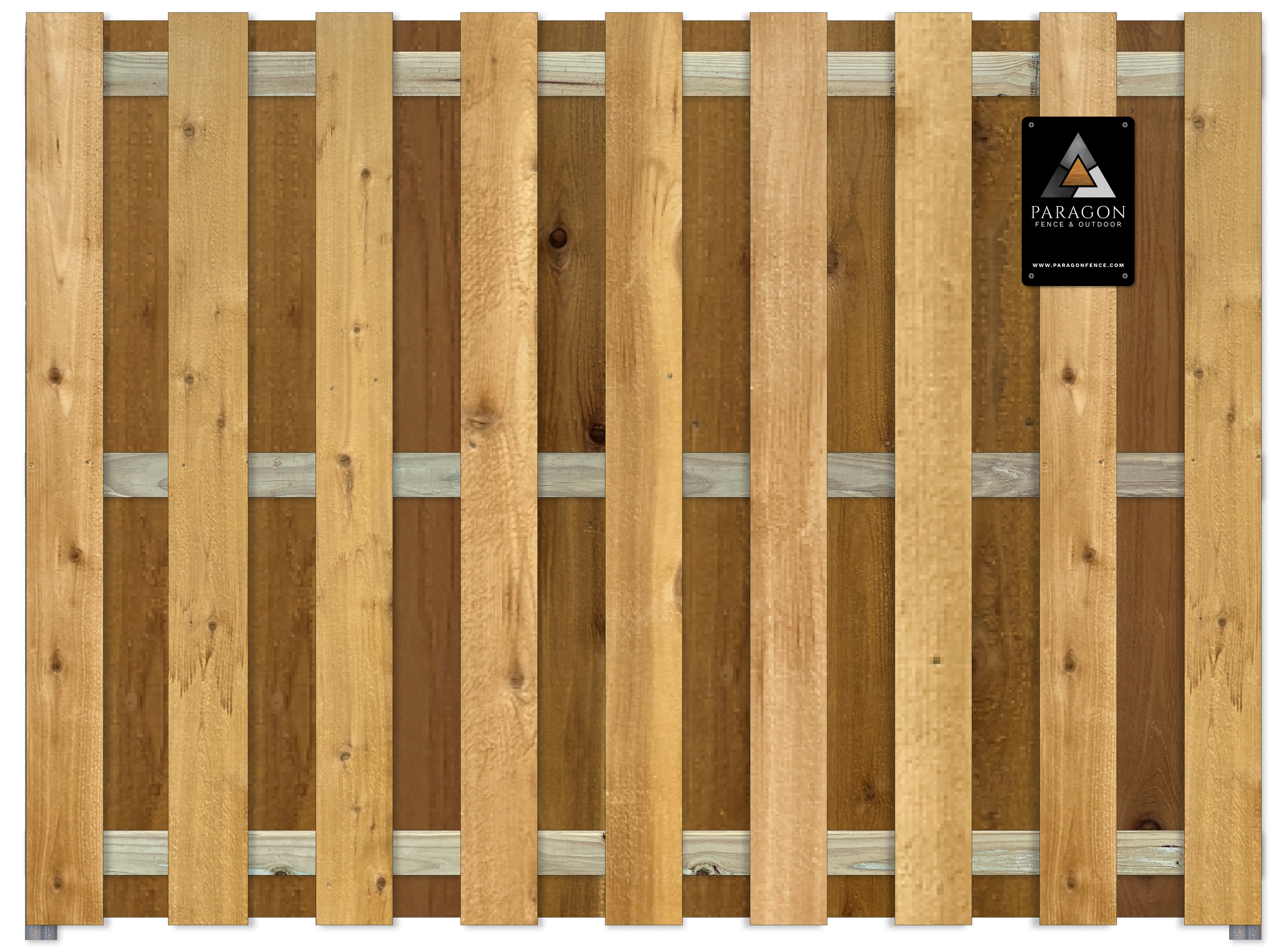 A wooden fence panel made of vertical and horizontal planks with a black label reading "PARAGON FENCE & OUTDOOR" and a logo, website, and screws in each corner.