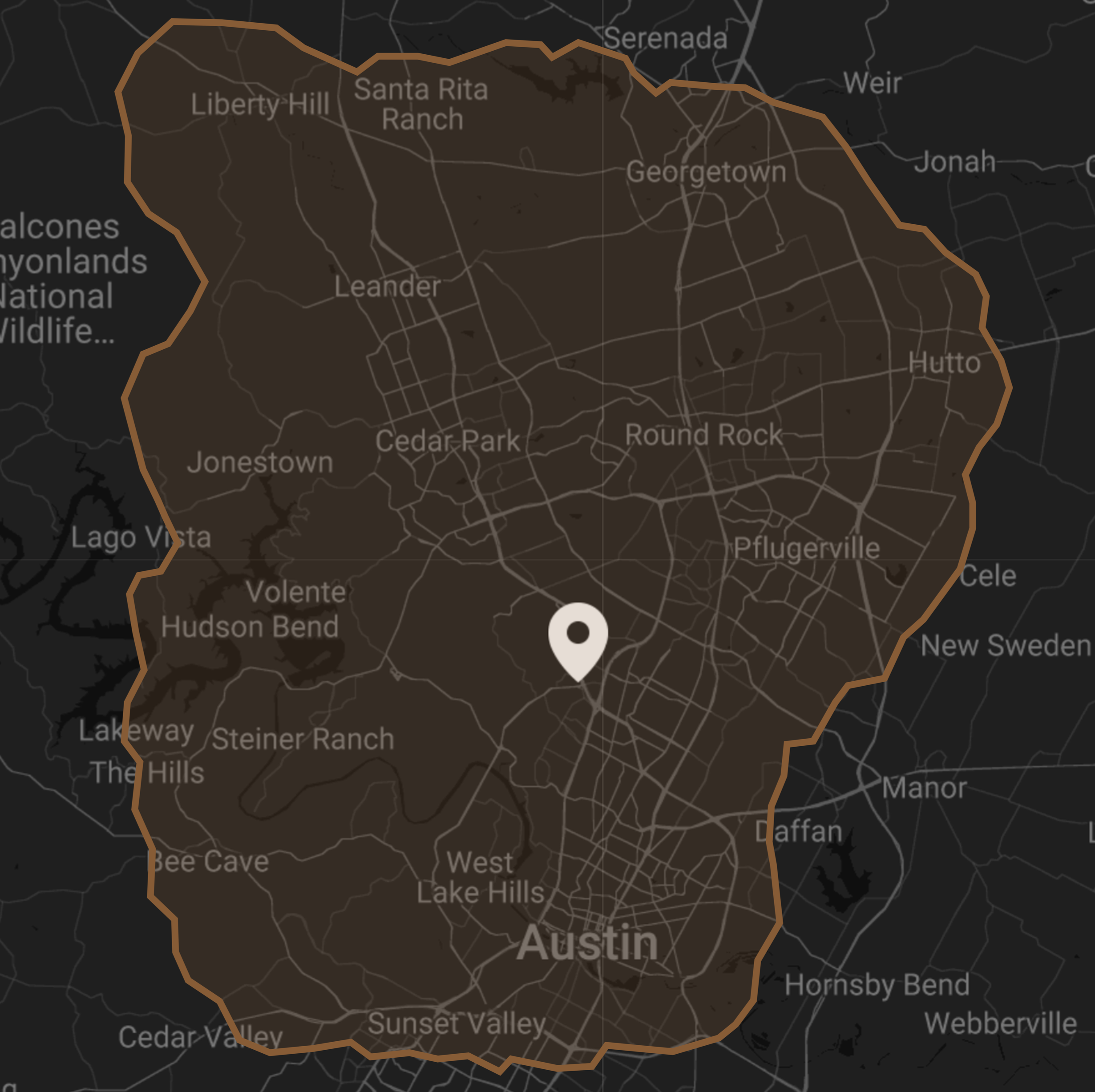 A map of the areas that Paragon Fence and Outdoor serves including Hutto, Austin, Tarrytown, Mueller, Sunset Valley, Barton Hills, Zilker, 360 Corridor, West Lake Hills, Steiner Ranch, Brushy Creek, Lago Vista, Jonestown, Leander and Georgetown,