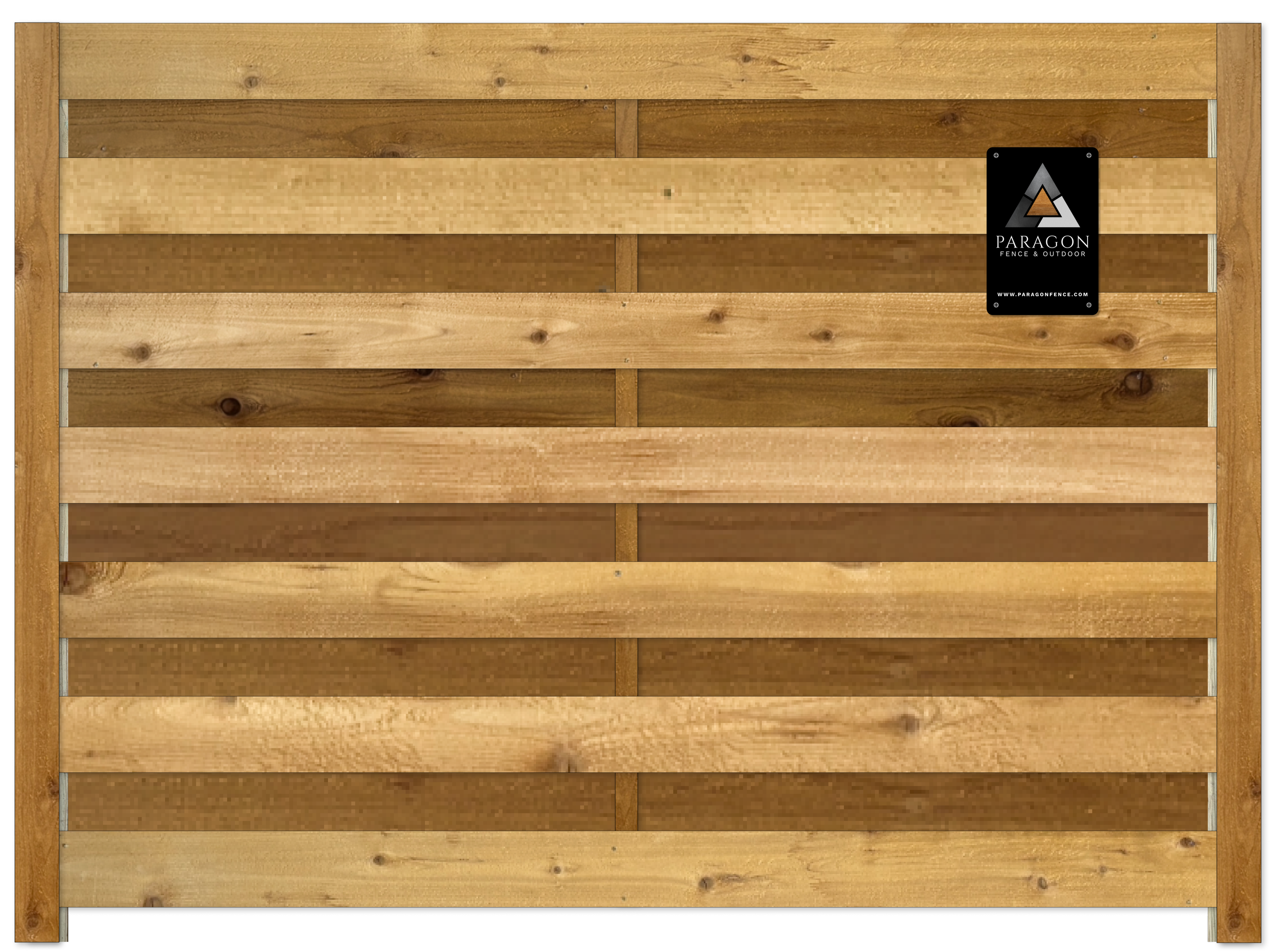 Wooden fence panel with horizontal slats and a small black and gray logo plaque in the upper right corner.