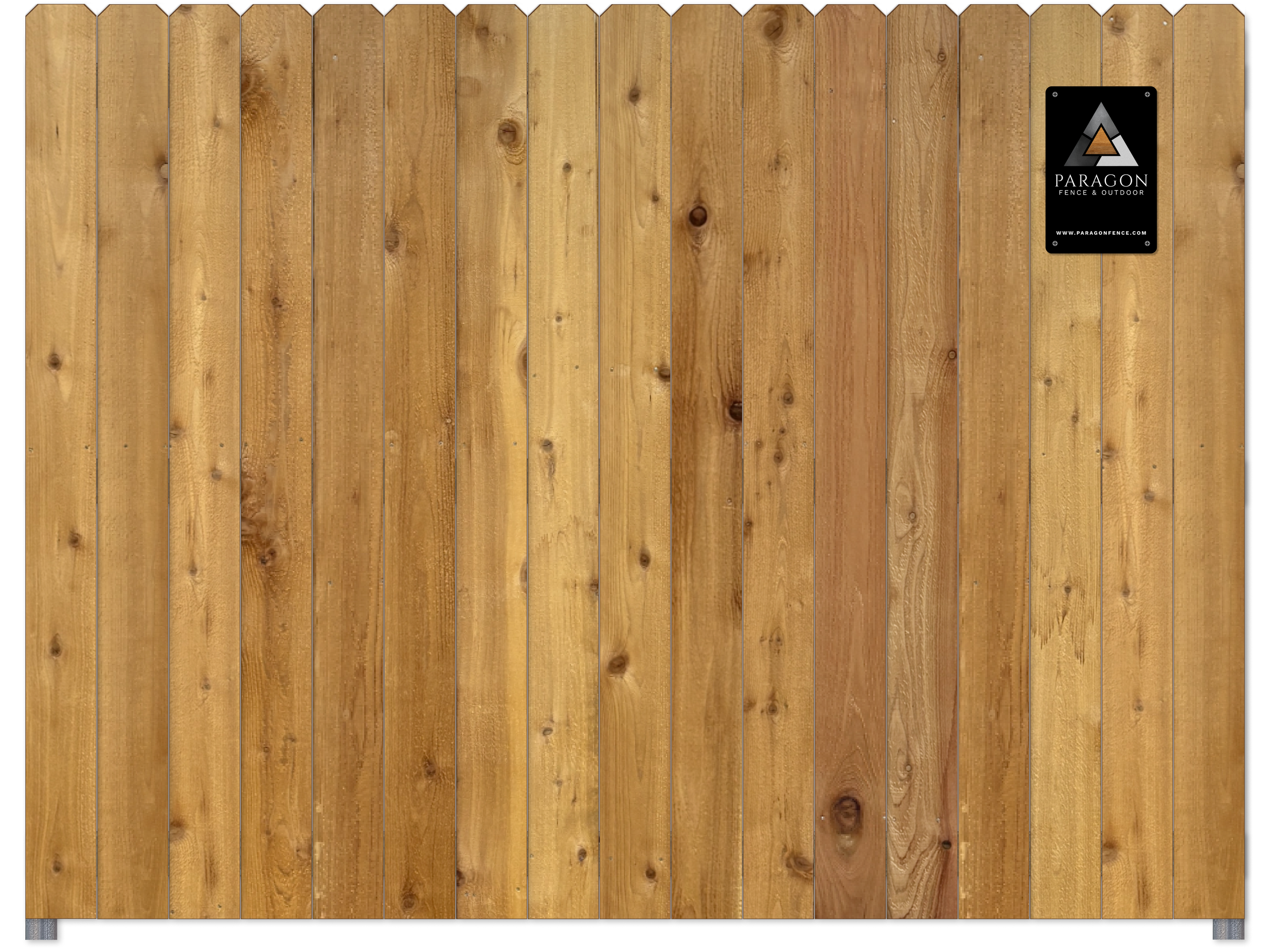 A wooden fence panel with vertical planks, featuring a black logo label in the top right corner with the text 'Paragon Fence & Outdoor' and their website www.paragonfence.com