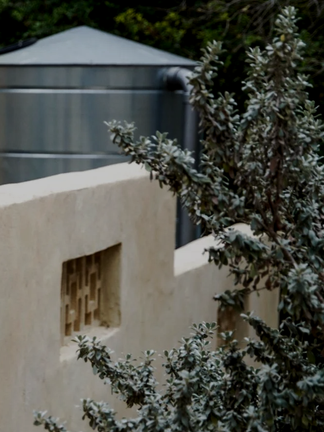Close-up of a beige-colored wall with a rectangular vent and a plant with dark green leaves in the foreground, and a metal water tank or structure in the background.
