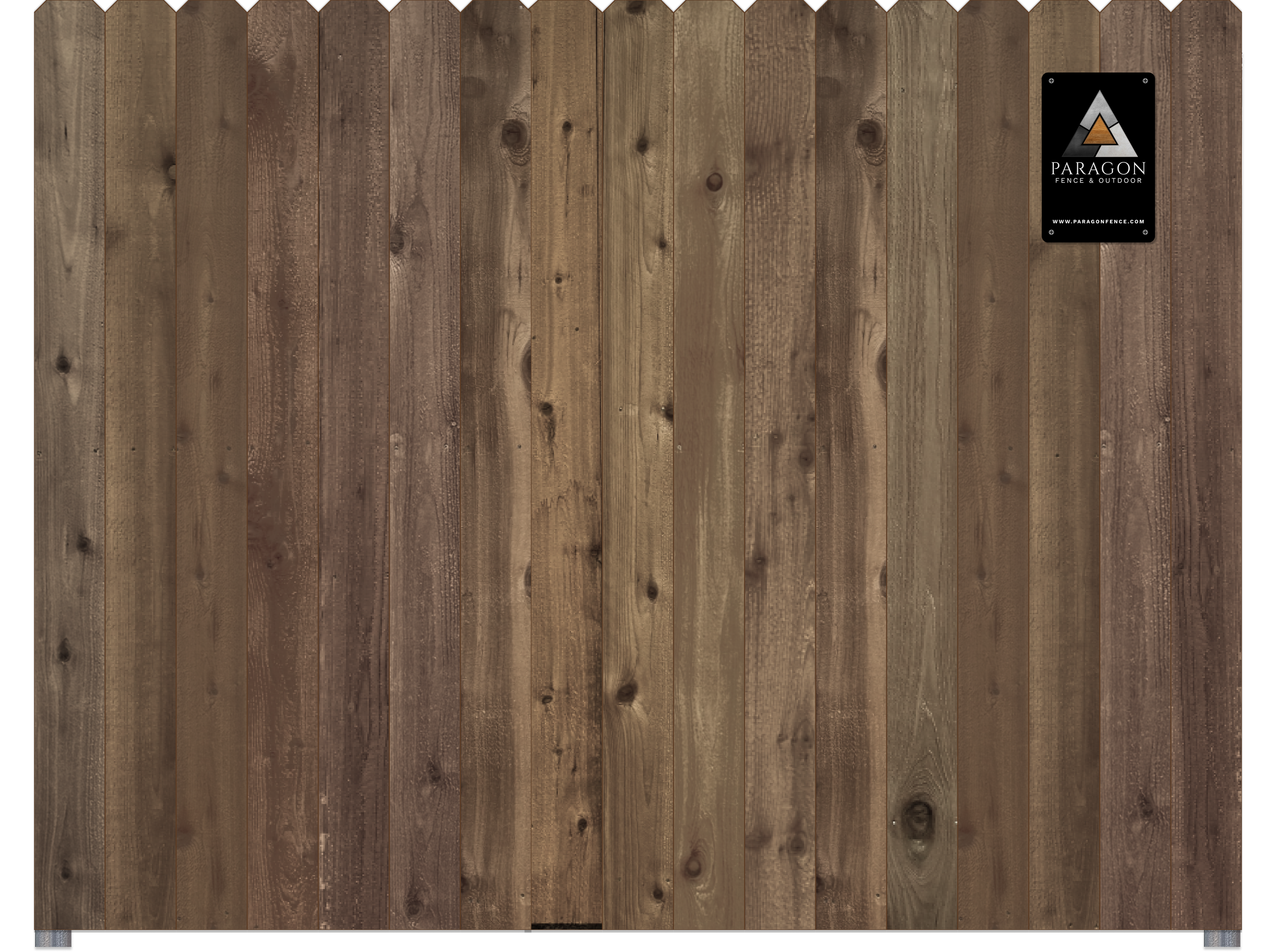 Close-up of a wooden fence with a Paragon Fence & Outdoor sign in the upper right corner