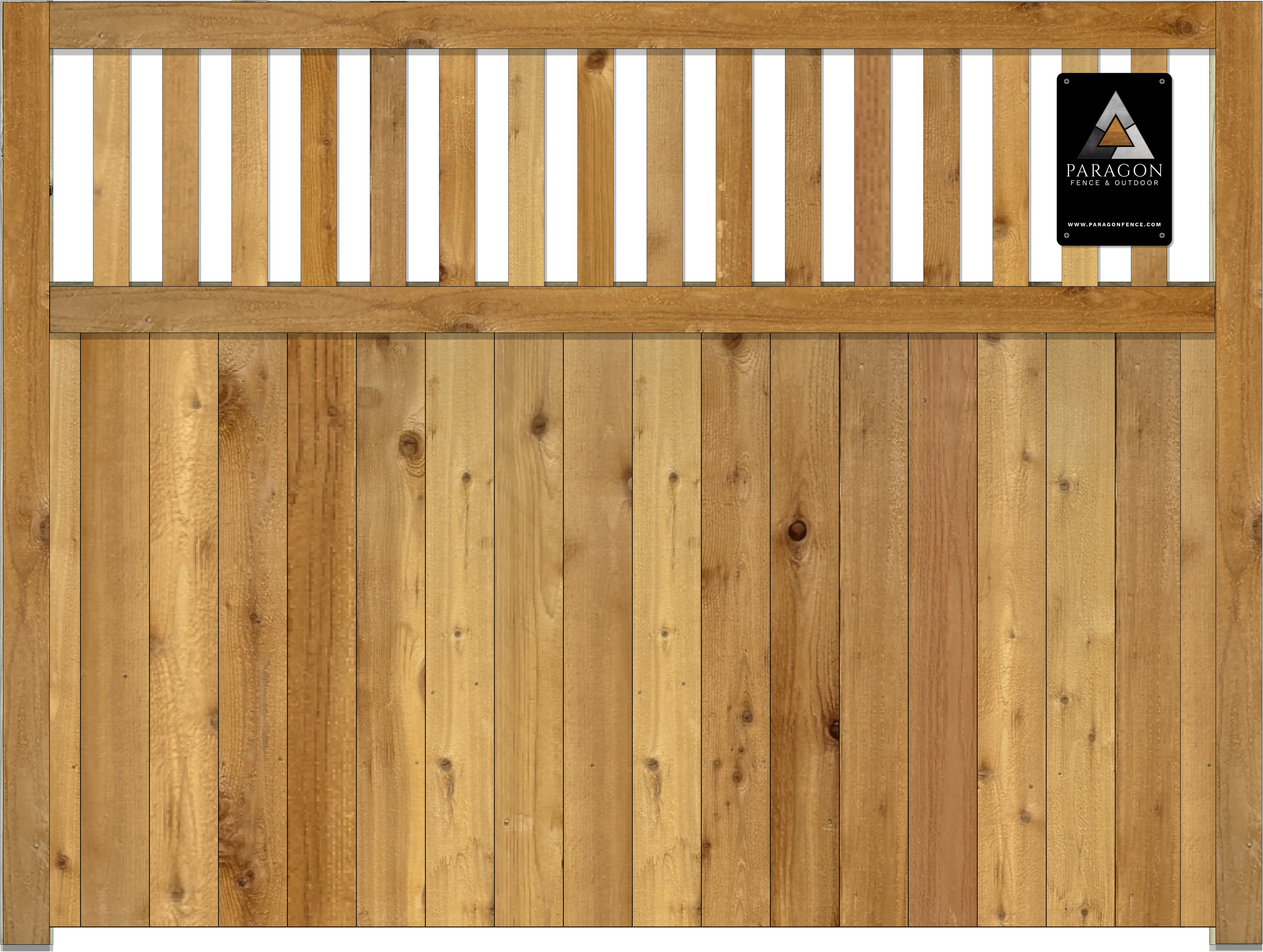 A wooden fence panel with a natural finish, featuring vertical planks and a top horizontal slat with a metal nameplate reading 'Paragon Fence & Outdoor' and the website 'www.paragonfence.com' attached to the top right corner.