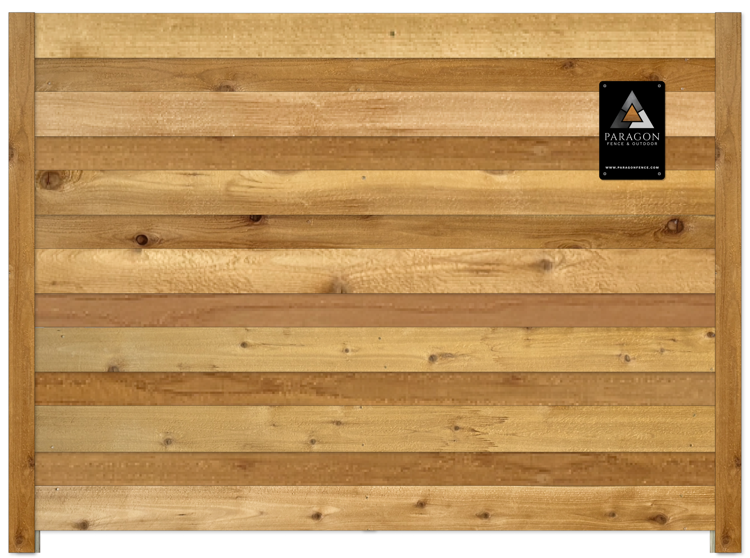 A wooden fence panel with horizontal slats in natural wood tones, with a black and silver logo sticker in the upper right corner reading "PARAGON Fence & Outdoor".