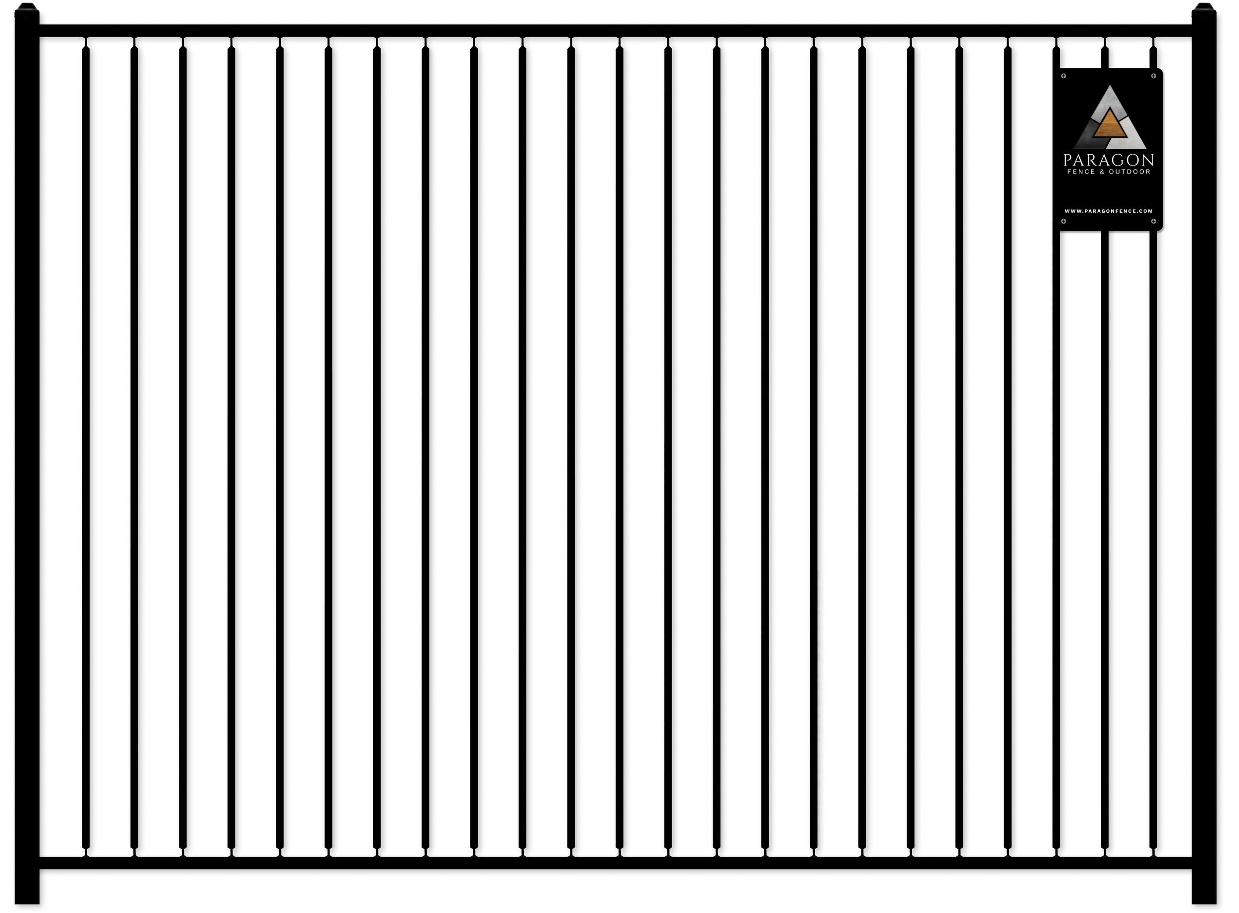 Black metal fence with vertical bars and a small logo tag in the upper right corner that reads 'Paragon Fence & Outdoor'.