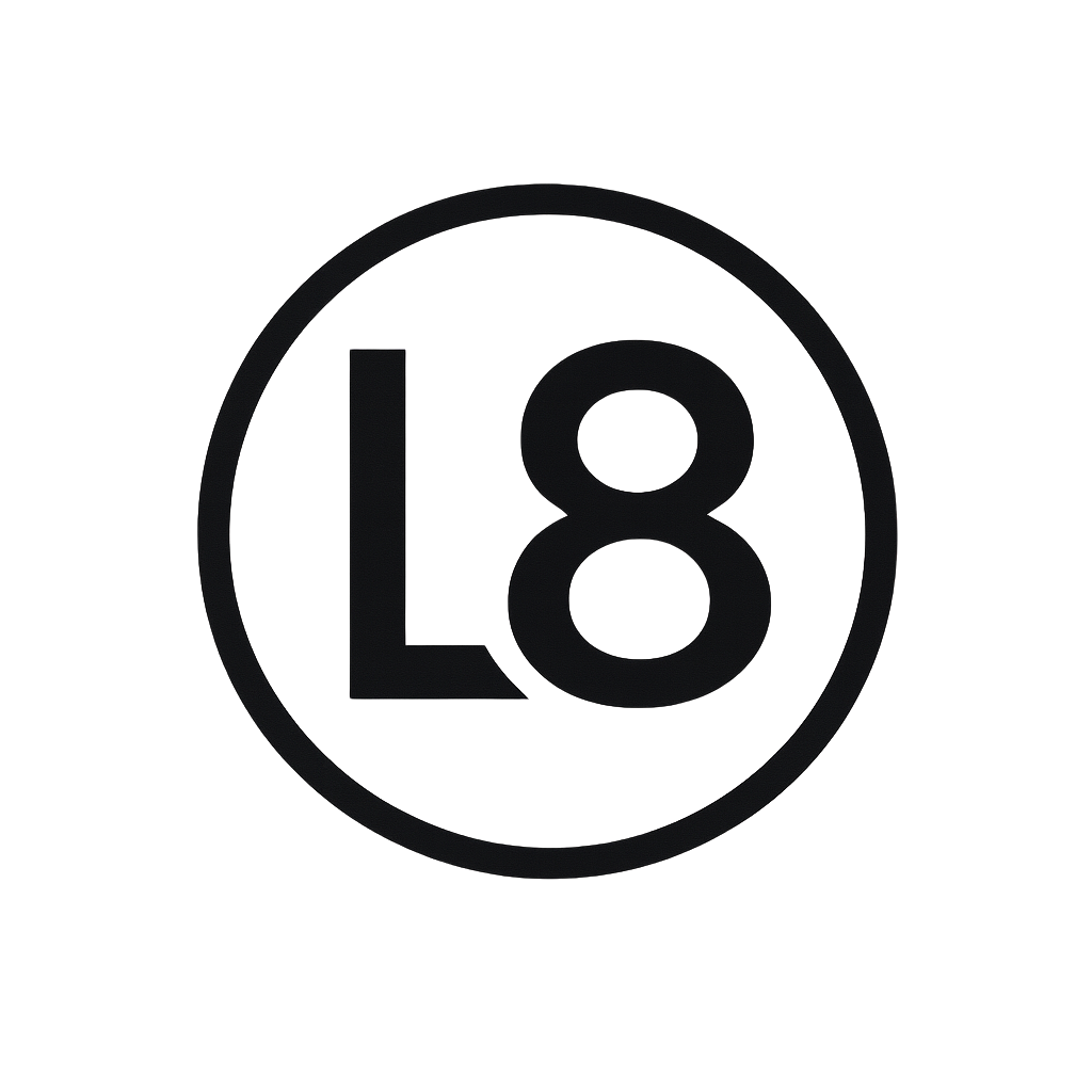 Gray logo with a circle around the letter 'L' and number '8' on a black background.
