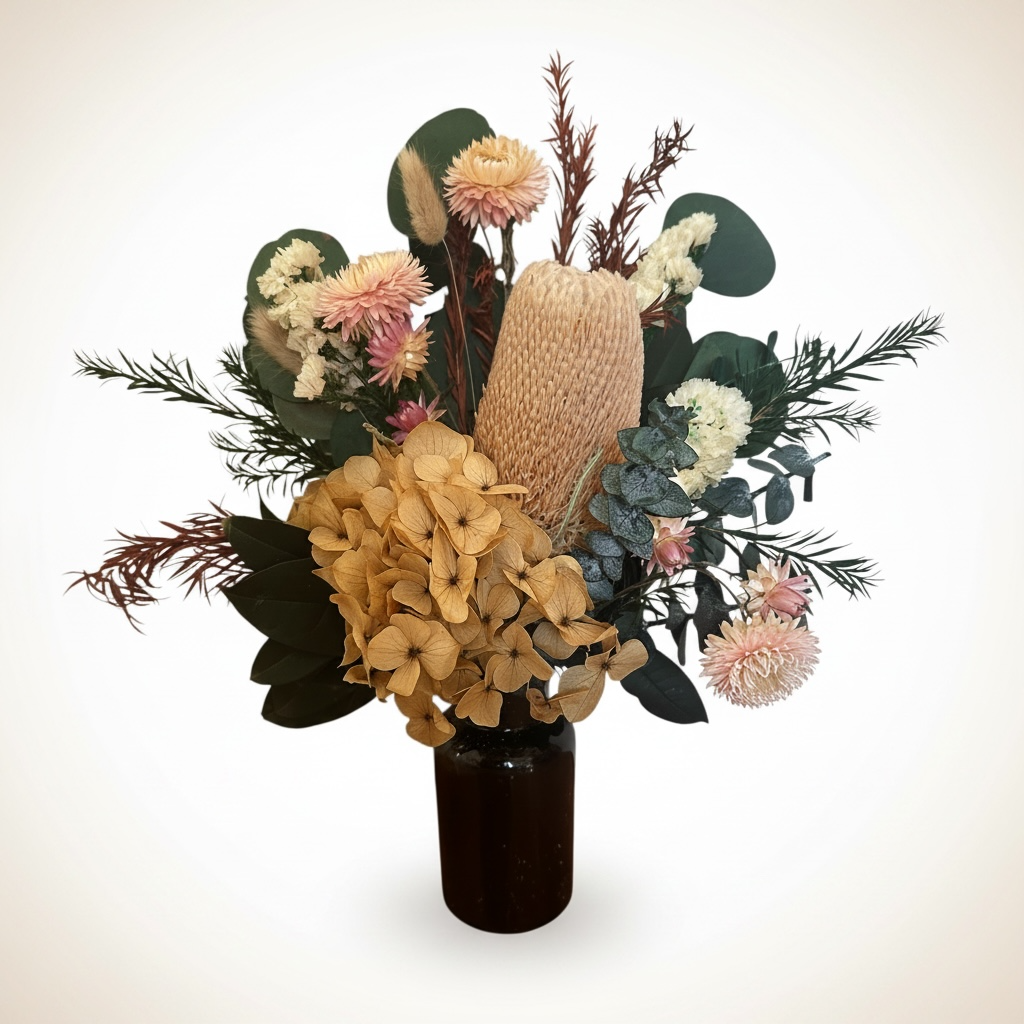 Little Banksia - Australian native banksia arrangement in amber vase