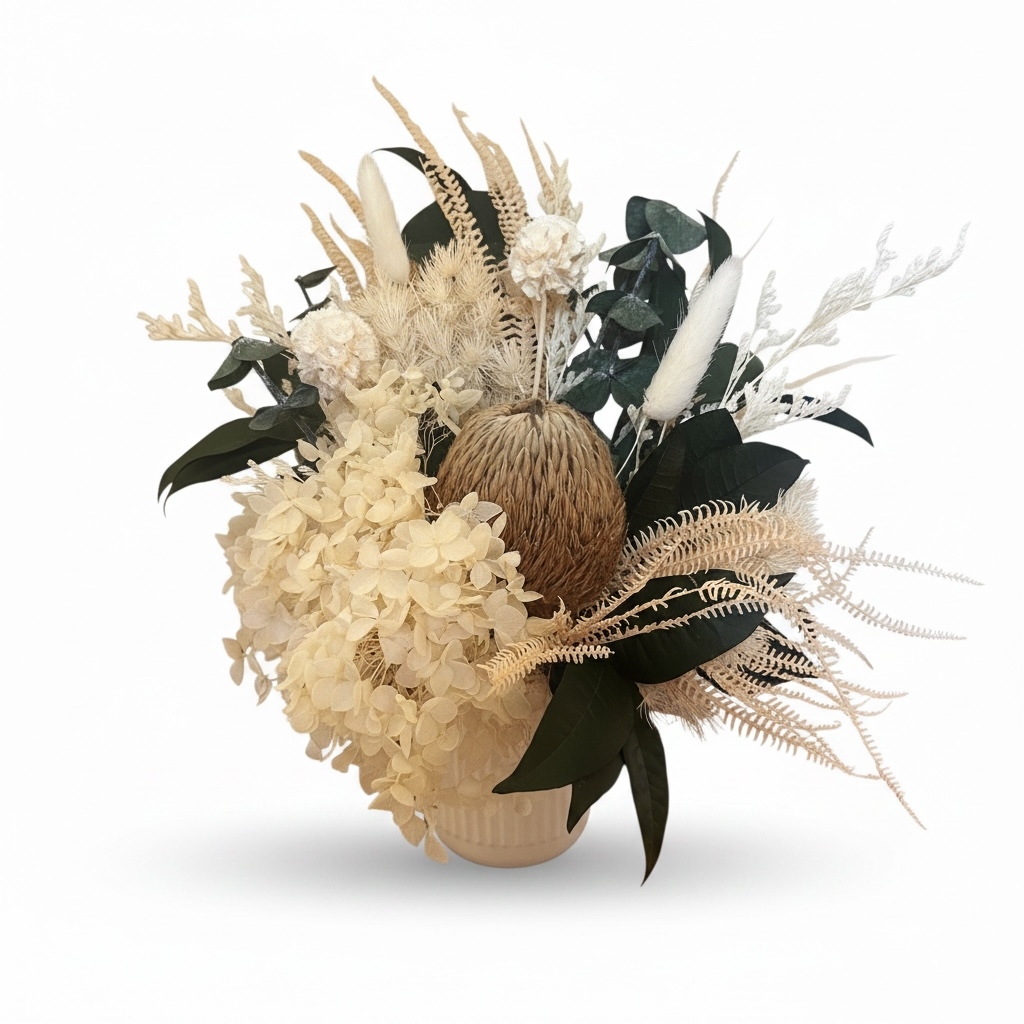 Little Whimsey - Preserved native florals with banksia & hydrangea in white ribbed vase