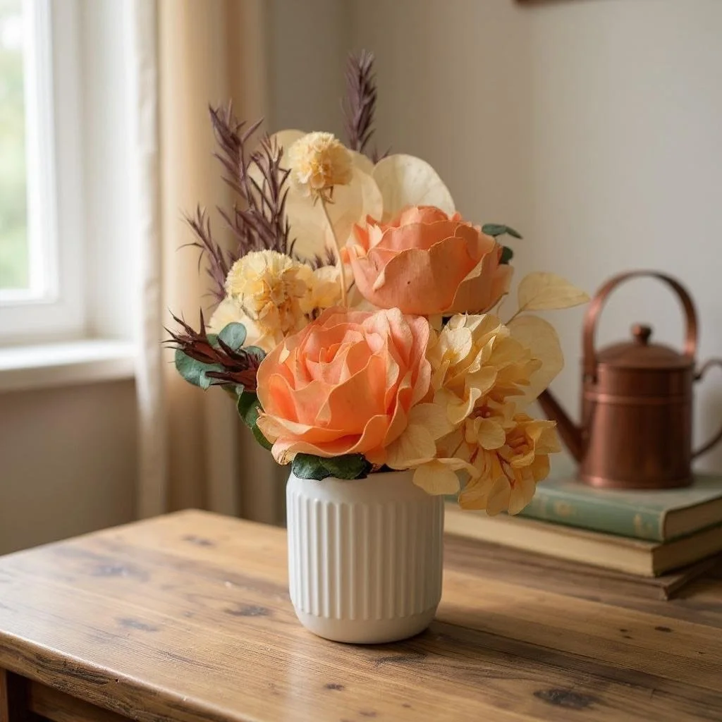 Dried flower arrangement with orange roses, apricot eucalyptus, apricot hydrangea in a ribbed ceramic vase sitting on a table
