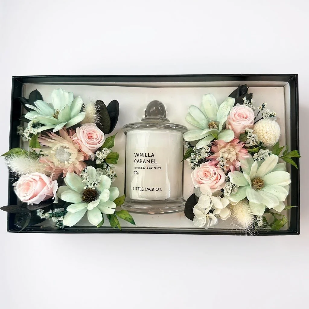 💌 For the one who makes your heart bloom. Our Vanilla Caramel Gift Box pairs candlelight with forever flowers &mdash; the sweetest way to say I love you today, tomorrow, and always. ✨🌹 #littlejackco #flowersandcandles #cabdles #brisbane #thoughtful