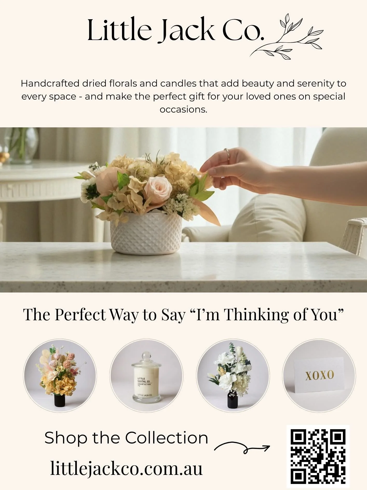 Bring calm, beauty and thoughtfulness to every moment 🤍
Our handcrafted dried floral and candle gifts are made with love in Brisbane and designed to be sent straight to their door &mdash; the perfect way to say &ldquo;I&rsquo;m thinking of you.&rdqu