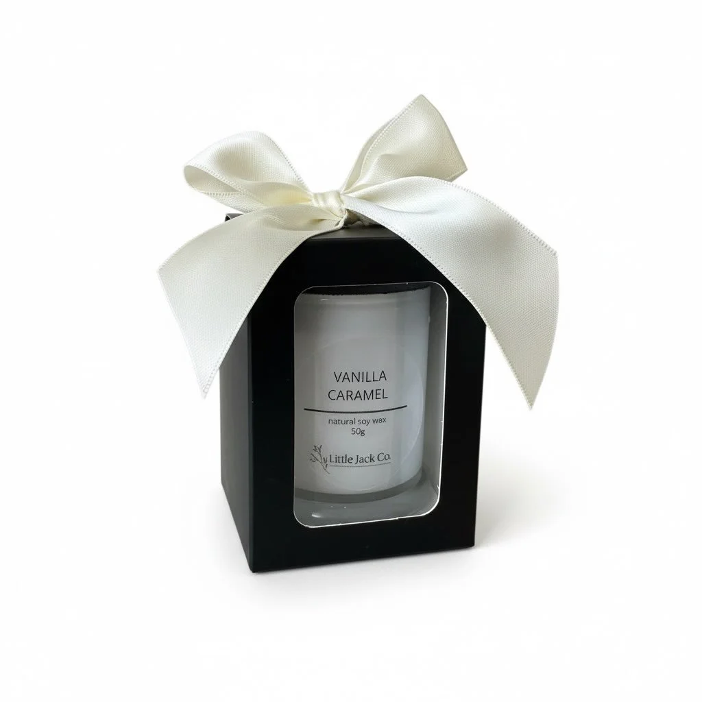 ✨ Meet your new obsession: 50g luxury boxed candles ✨
🖤 Black box &bull; Ivory ribbon &bull; Hand-poured with care

Choose your scent:
🌿 Australian Bush | 💖 Date Night | 🍮 Vanilla Caramel | 🏝️ Island Time

Small-batch luxury, perfect for gifting