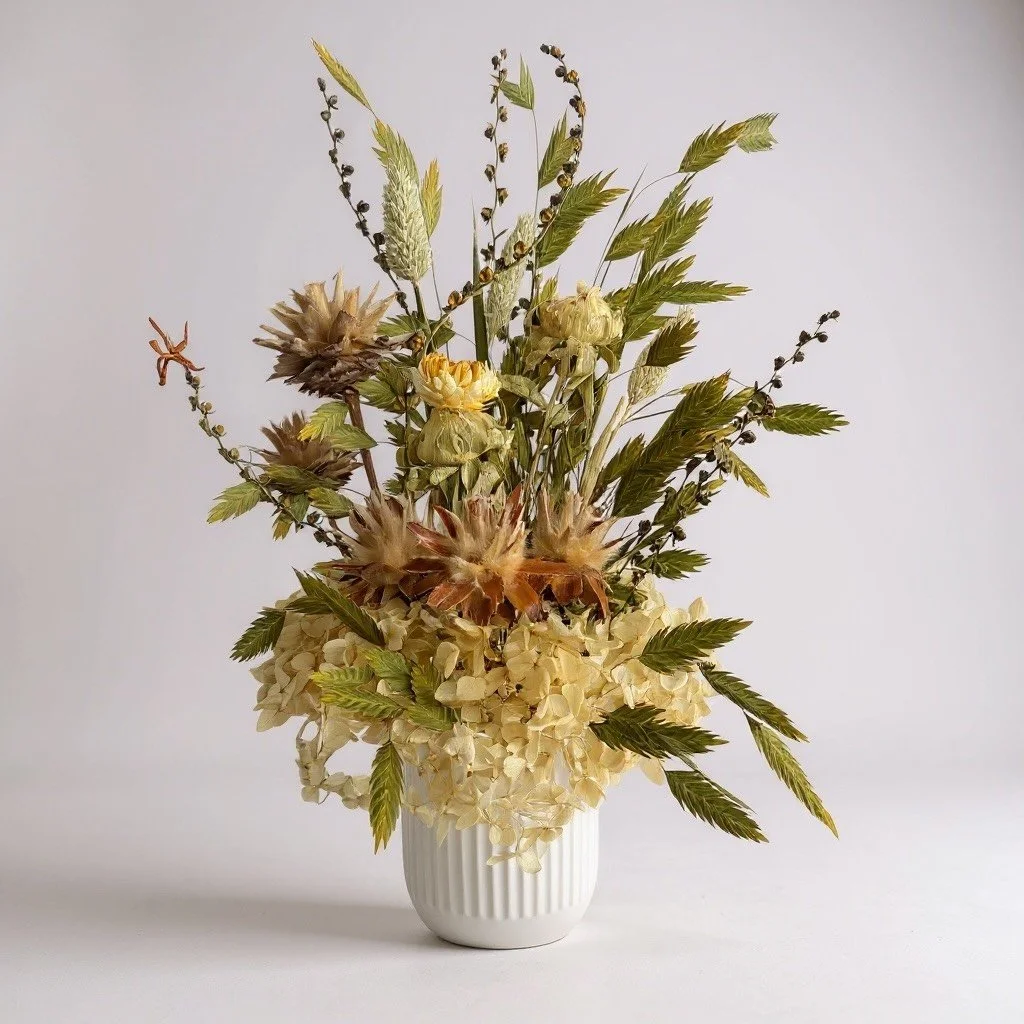 Neutral dried arrangement in a ribbed white vase with hydrangea, grasses and seed pods. Everlasting, handcrafted in Brisbane