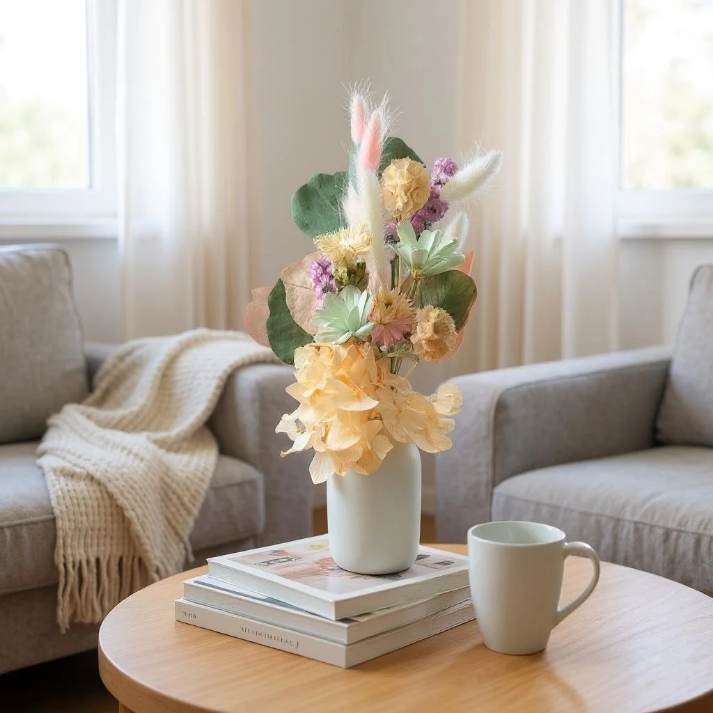 Elegant dried flower arrangement with bunny tails, daisies, scabiosa, hydrangeas, and greenery in a ceramic vase.